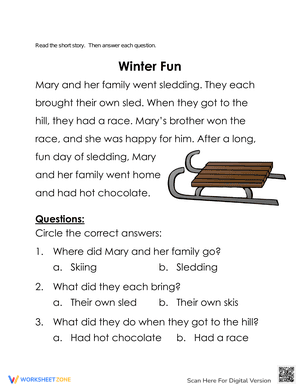Winter Fun Reading Worksheet | Grade 1-3 Printable
