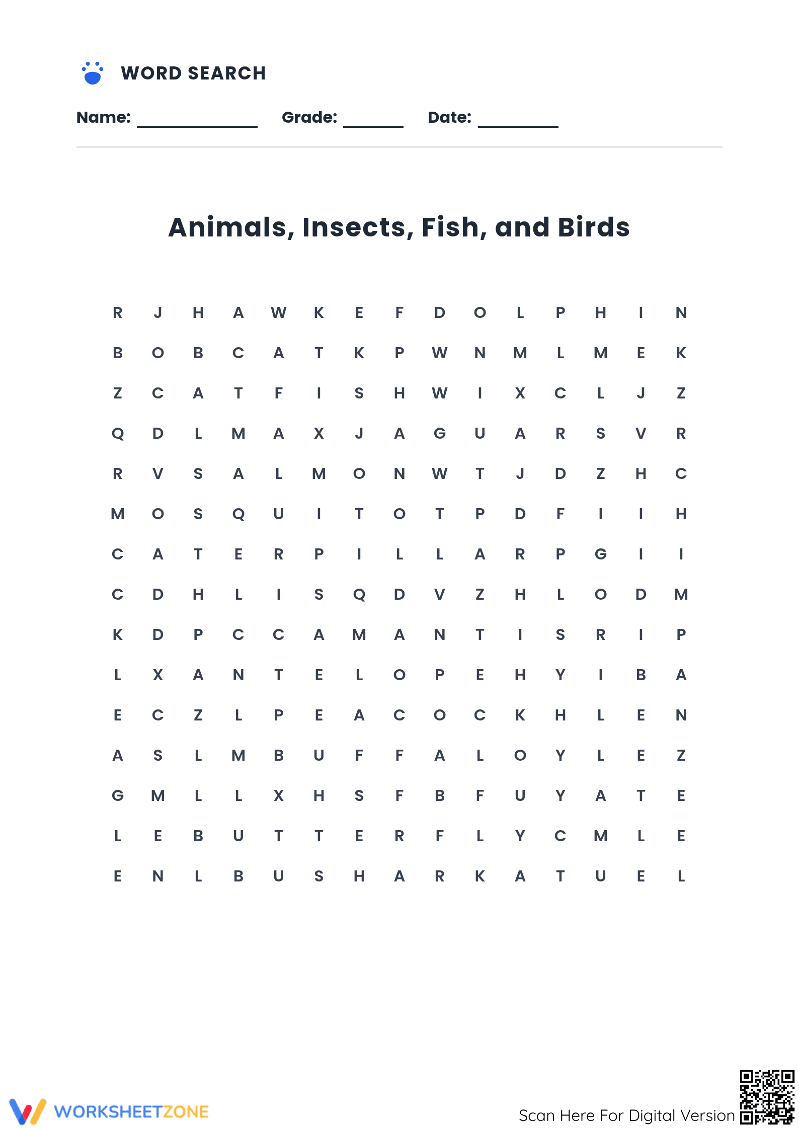 Grade 5 Animal Vocabulary — Printable No-Prep Worksheet - Page 1
