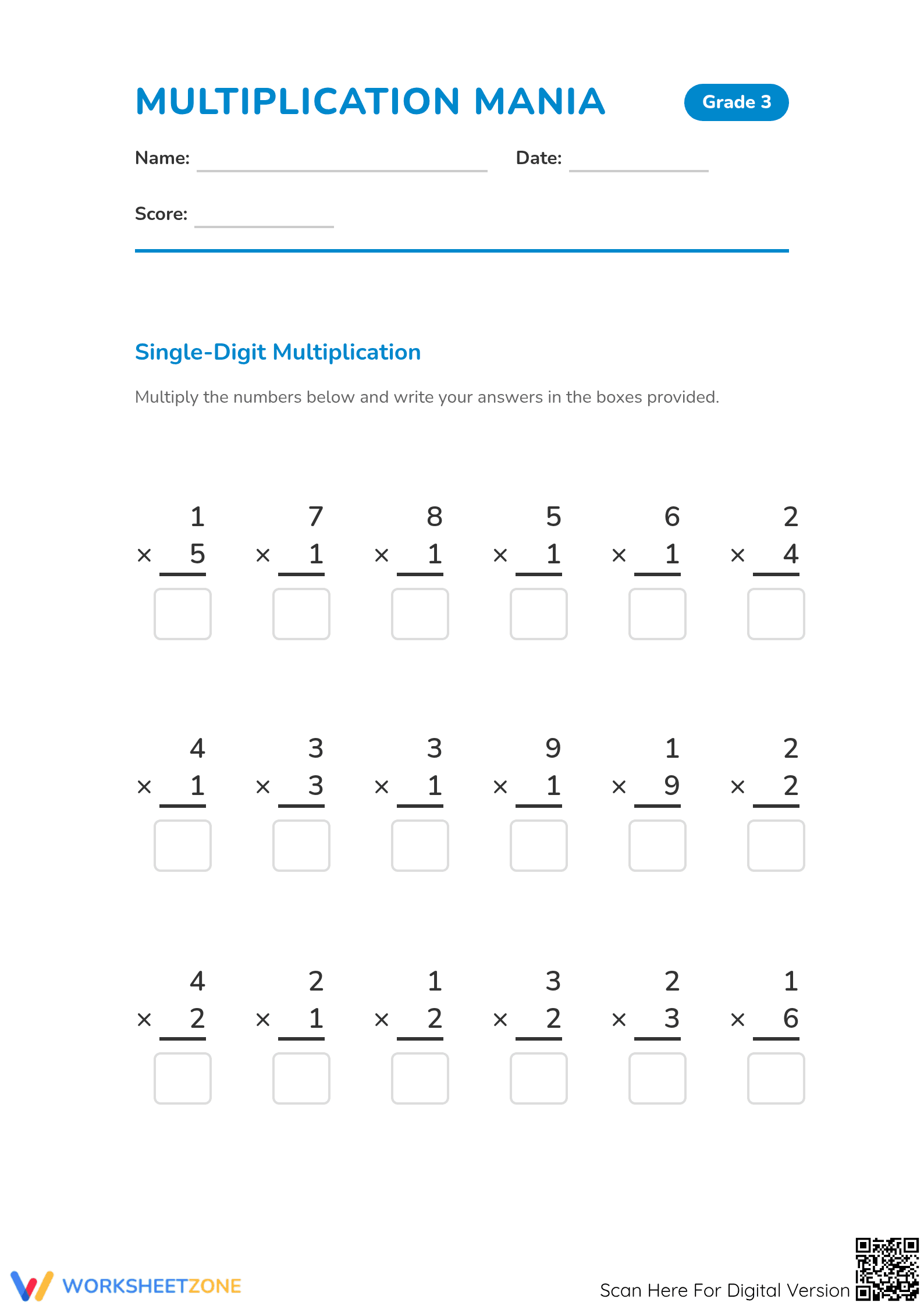 Grade 3 Single-Digit Multiplication Printable Worksheet - Page 1