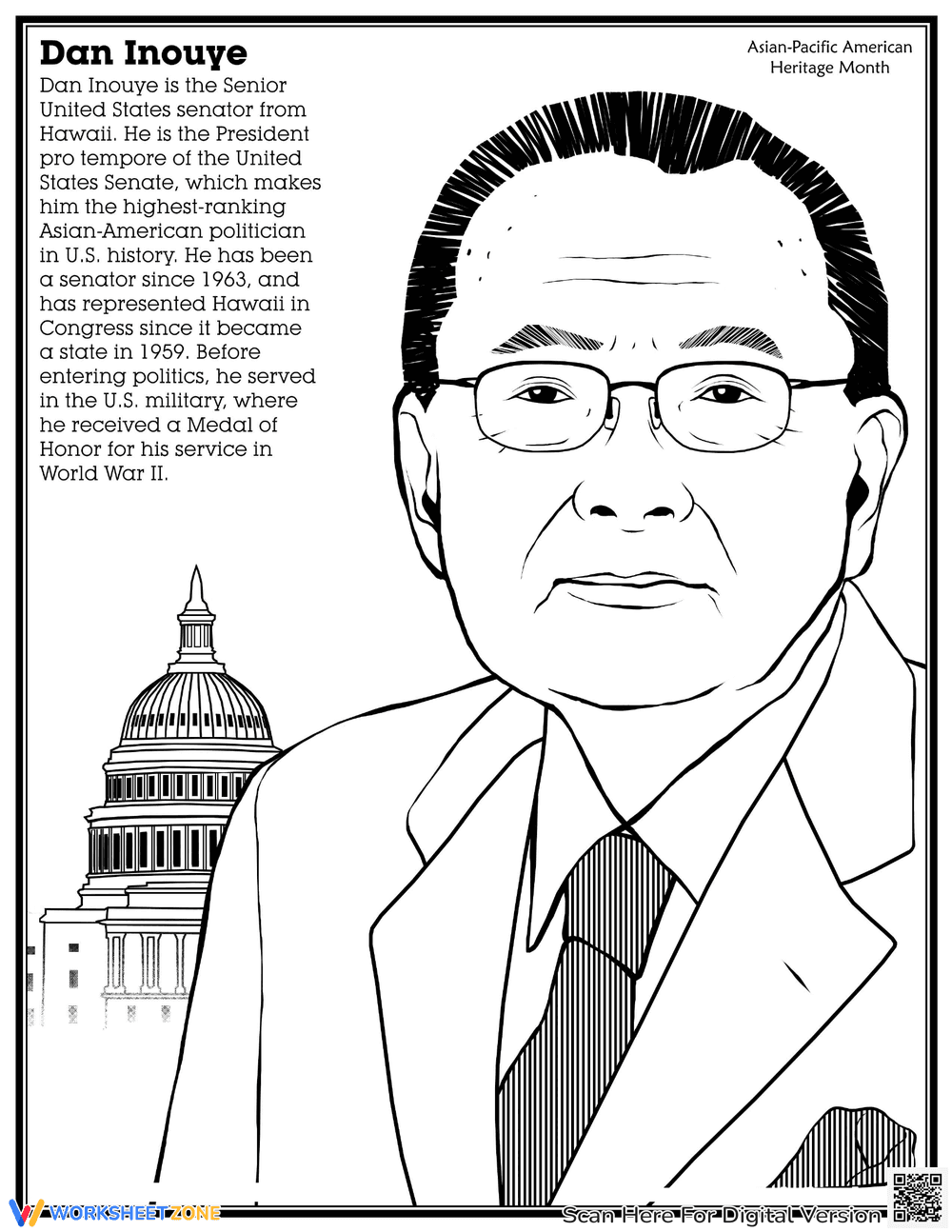 Coloring Page: Senator Daniel Inouye - Page 1