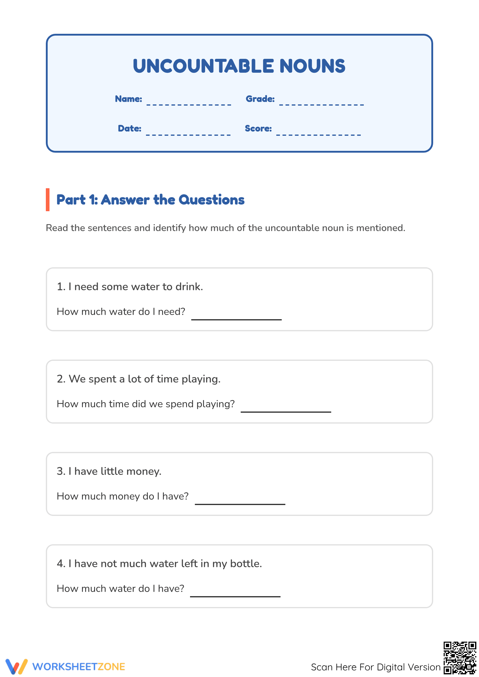 Essential Uncountable Nouns Worksheet | Grade 1 ELA - Page 1