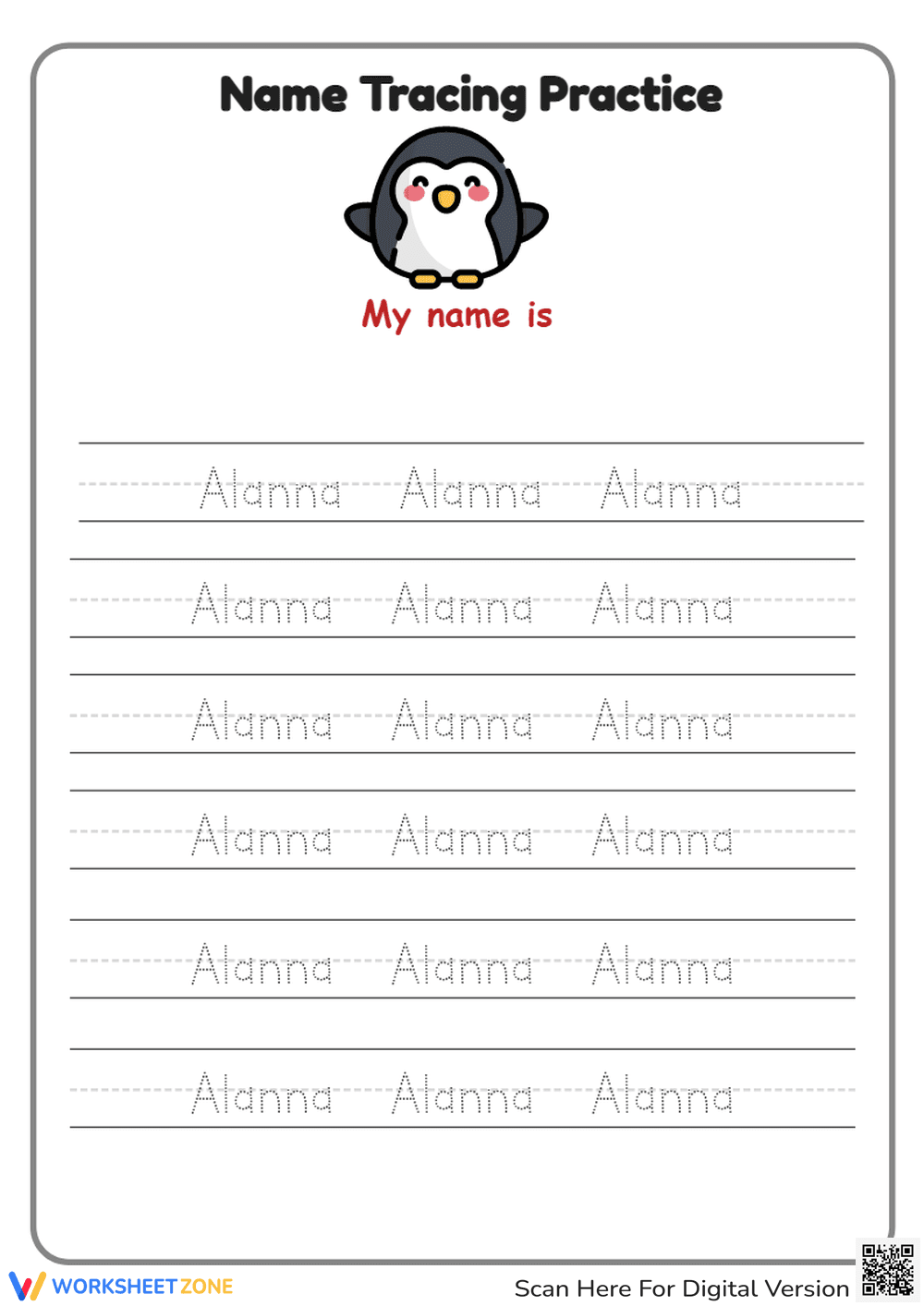 Name Tracing Worksheet: Alanna - Page 1