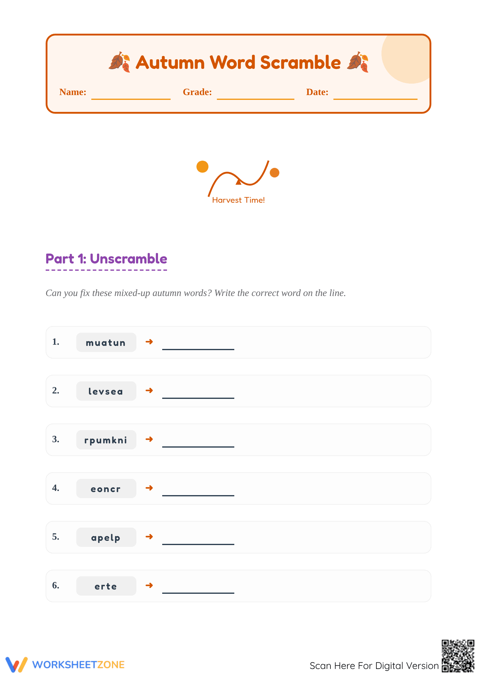 Printable Fall Word Scramble & Vocabulary | Grade 1-2 - Page 1