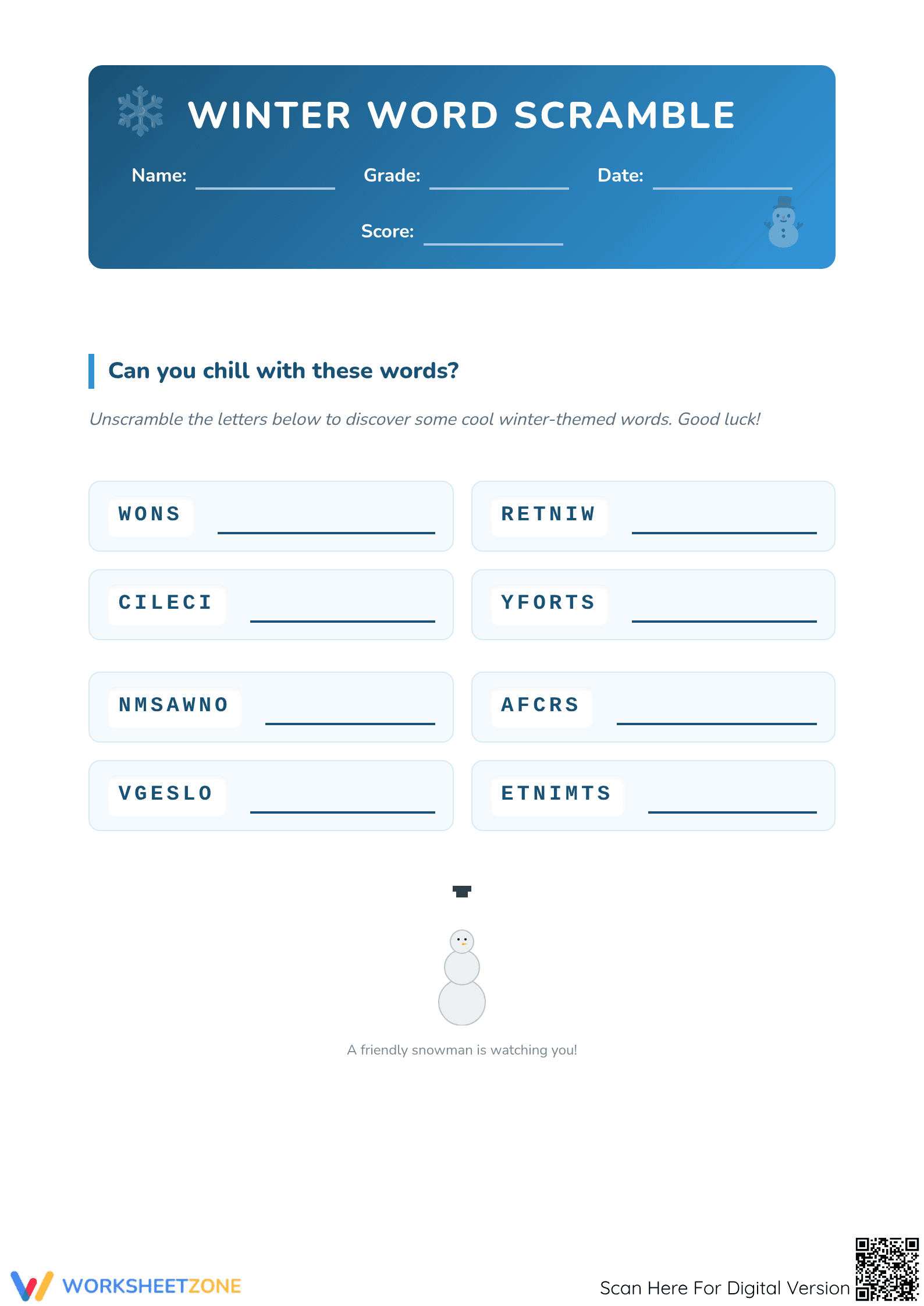 Winter Word Scramble Worksheet | Grade 3-4 Printable - Page 1
