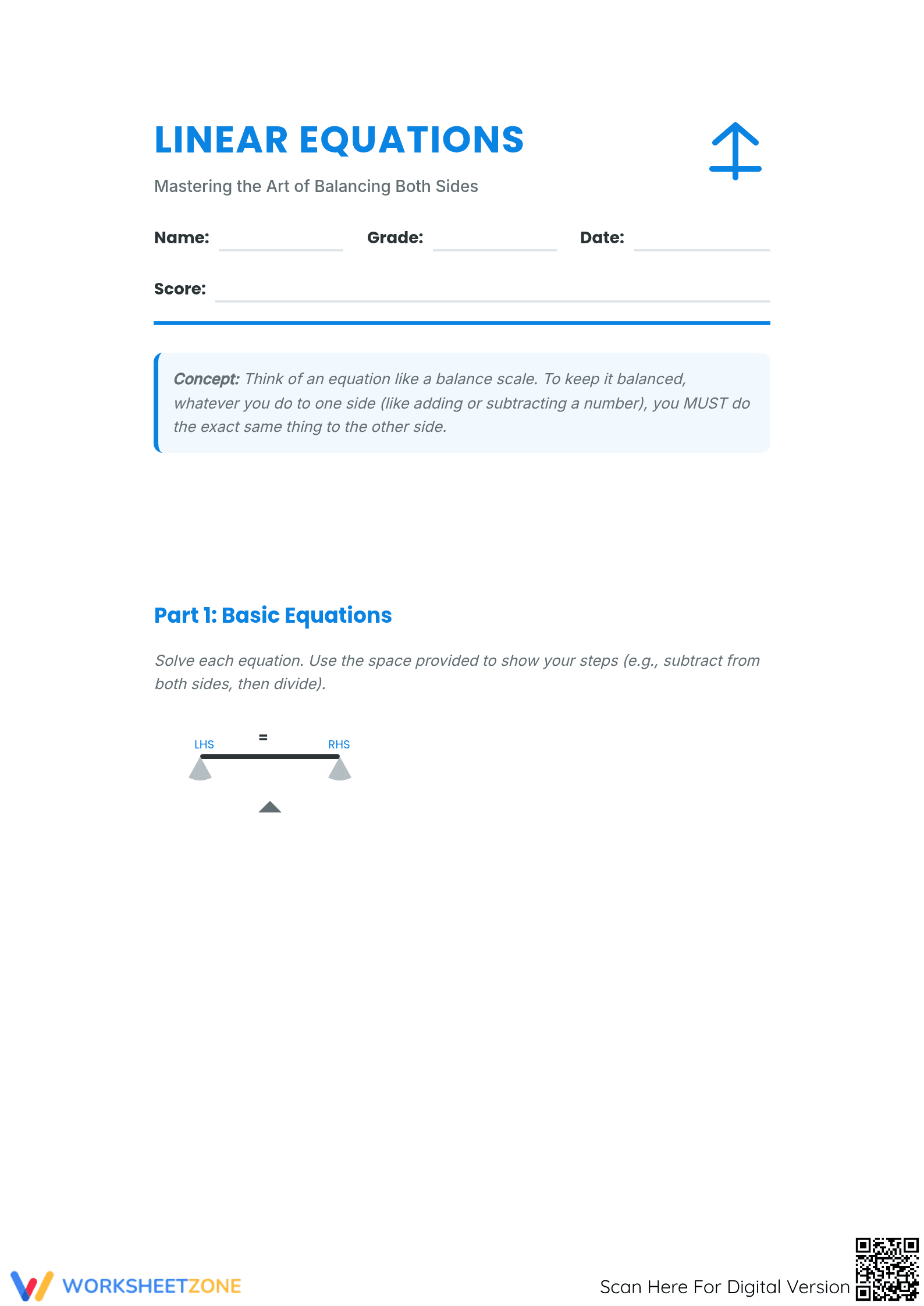 Linear Equations Worksheet | Grade 6 Math Printable - Page 1