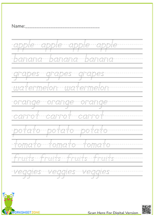 Printable Handwriting Practice: Fruits & Veggies Worksheet