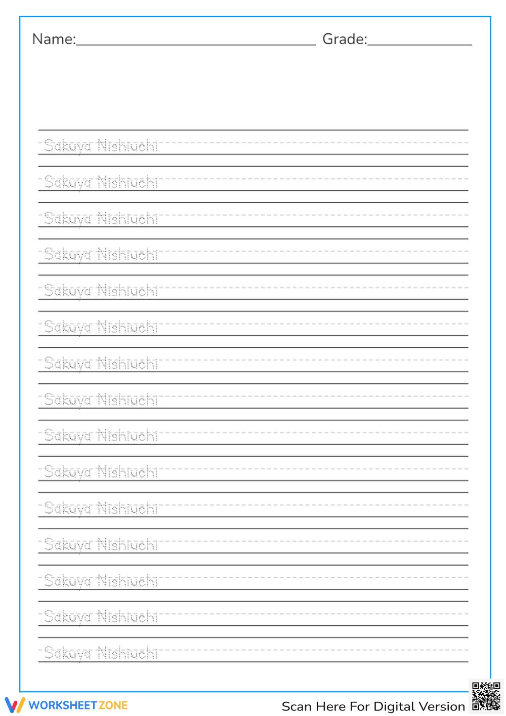 Sakuya Nishiuchi Name Tracing And Handwriting Worksheet - Page 1