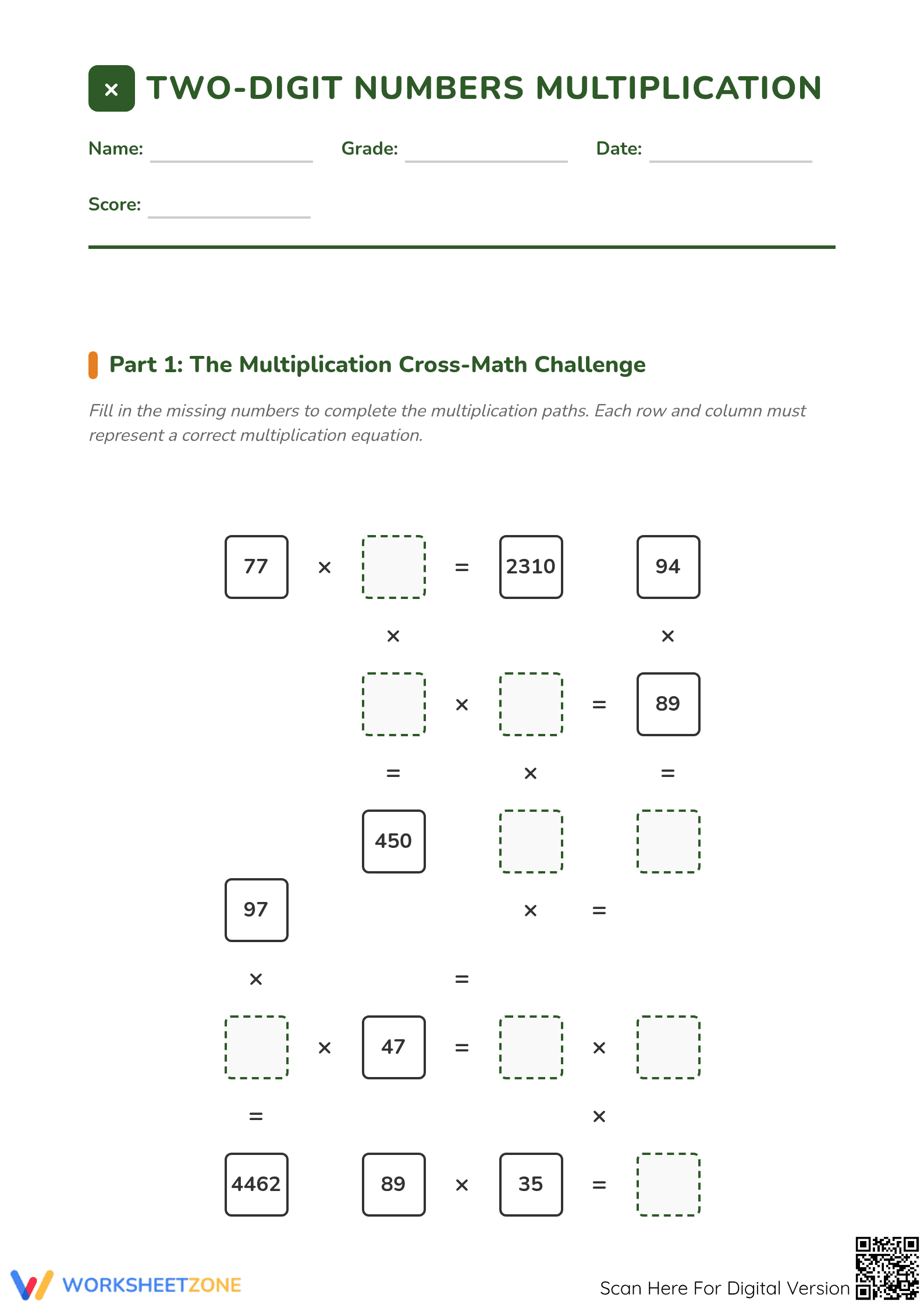 Two-Digit Multiplication Worksheet | Grade 4 Printable - Page 1