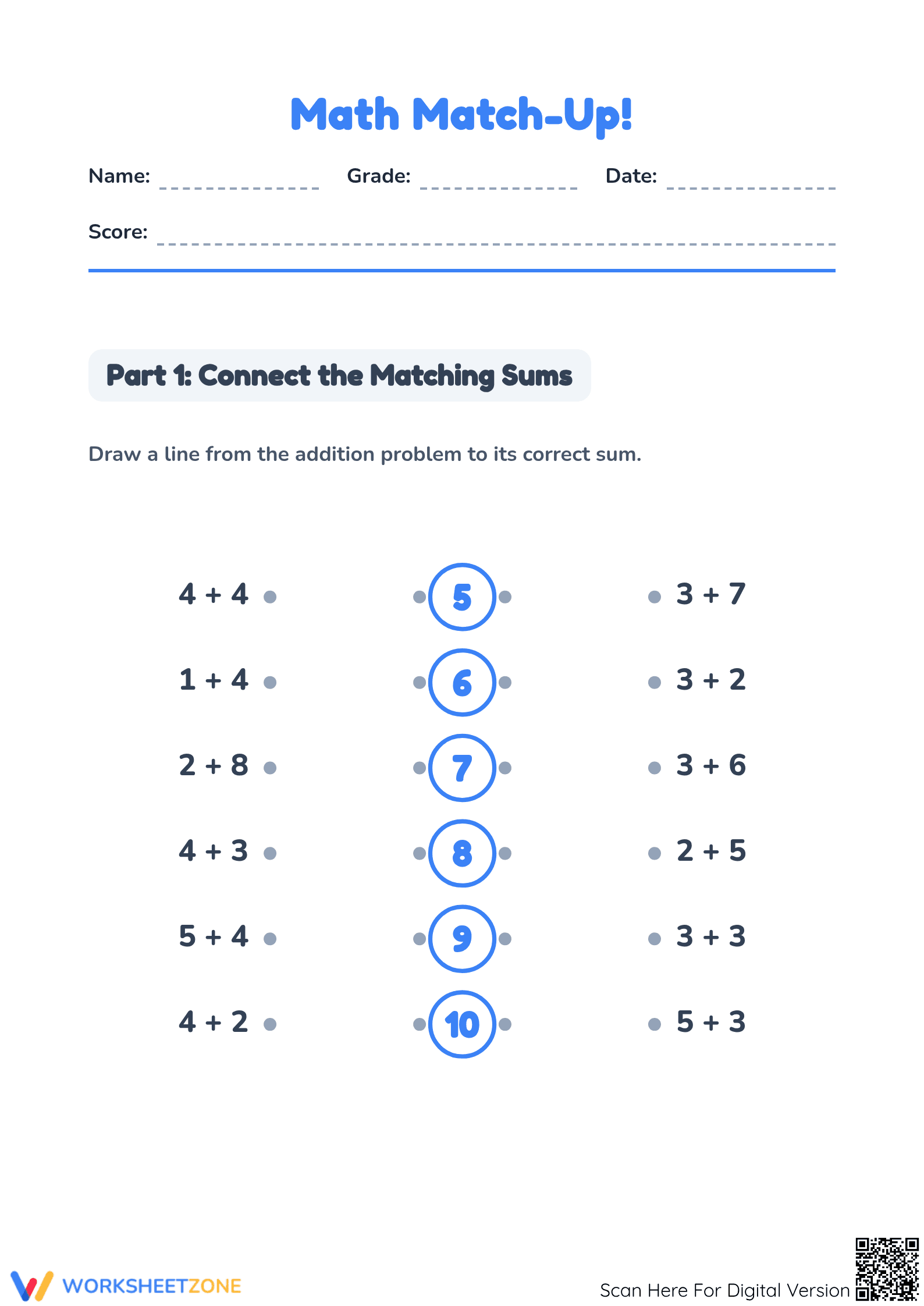 Grade 1 Addition Within 10 — Printable No-Prep Worksheet - Page 1