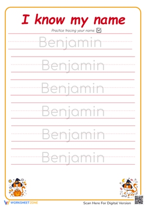 Name Tracing Worksheet for Kindergarten: Benjamin