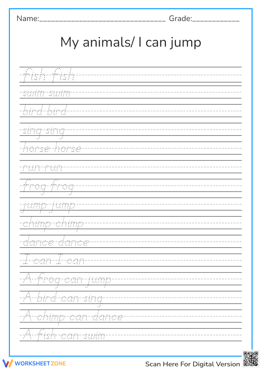 Animal Action Words Tracing Sheet - Page 1