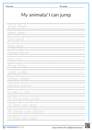 Animal Action Words Tracing Sheet | Essential Grade 2 Ready