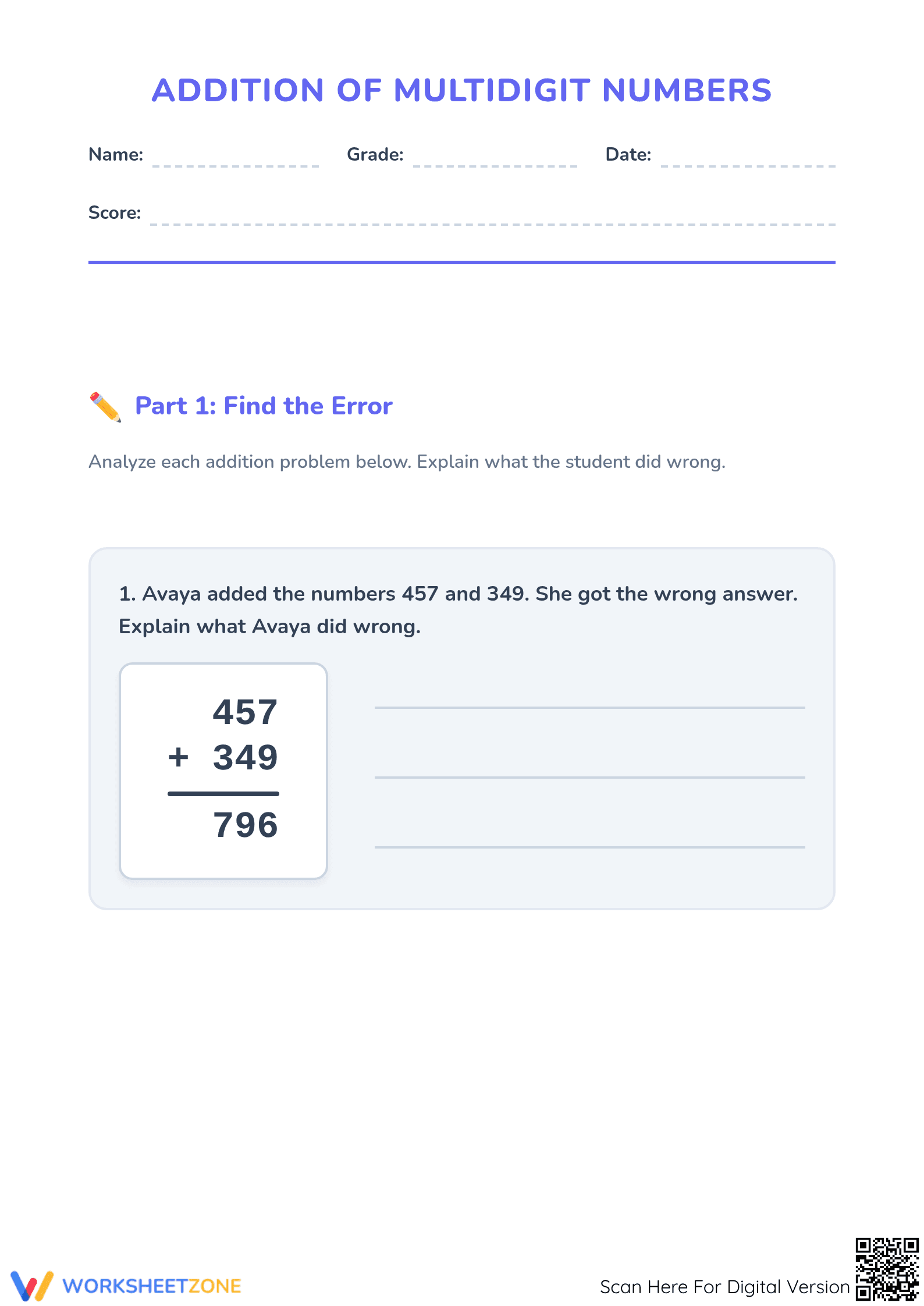 Printable 3-Digit Addition Worksheet | Grade 3 Math - Page 1