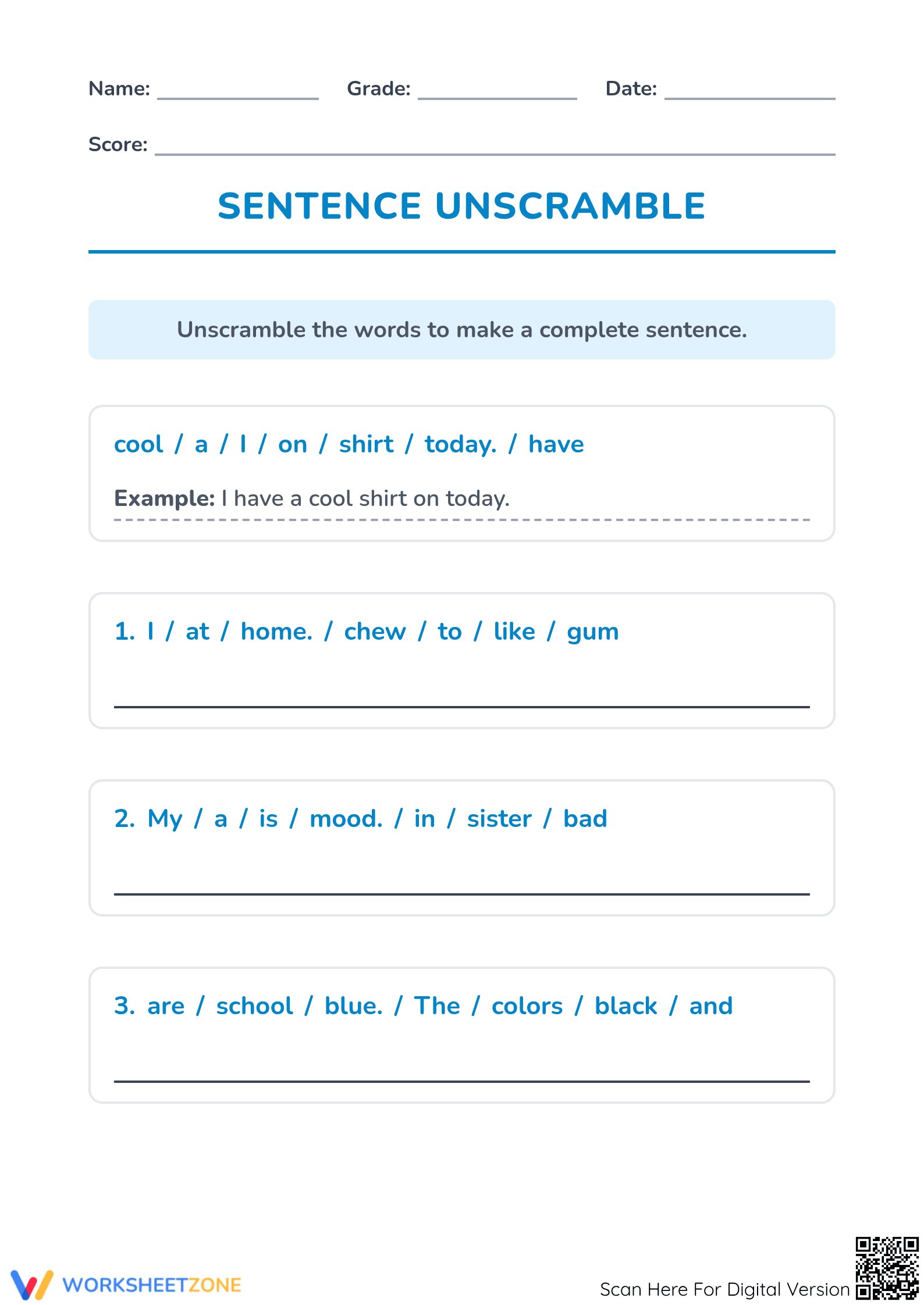 Sentence Unscramble Worksheet | Grade 3 ELA Printable - Page 1