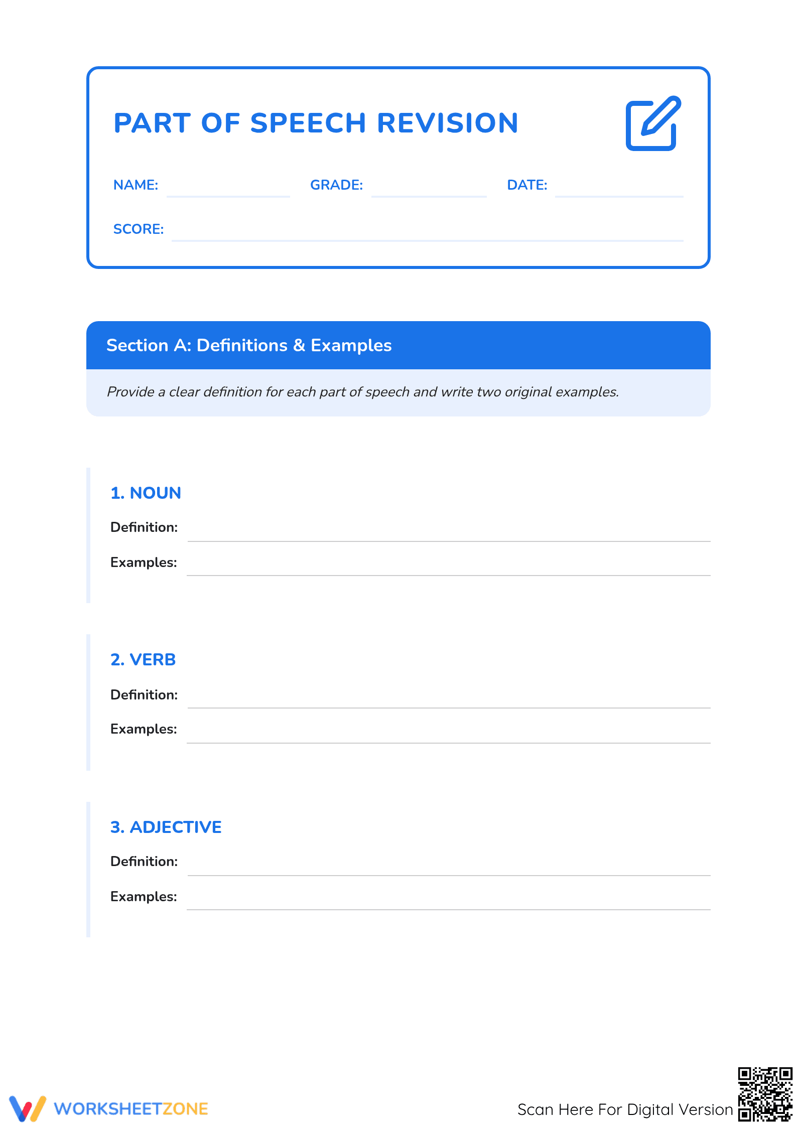 Parts of Speech Review: Define Nouns, Verbs & More! (Grades 4-6) - Page 1