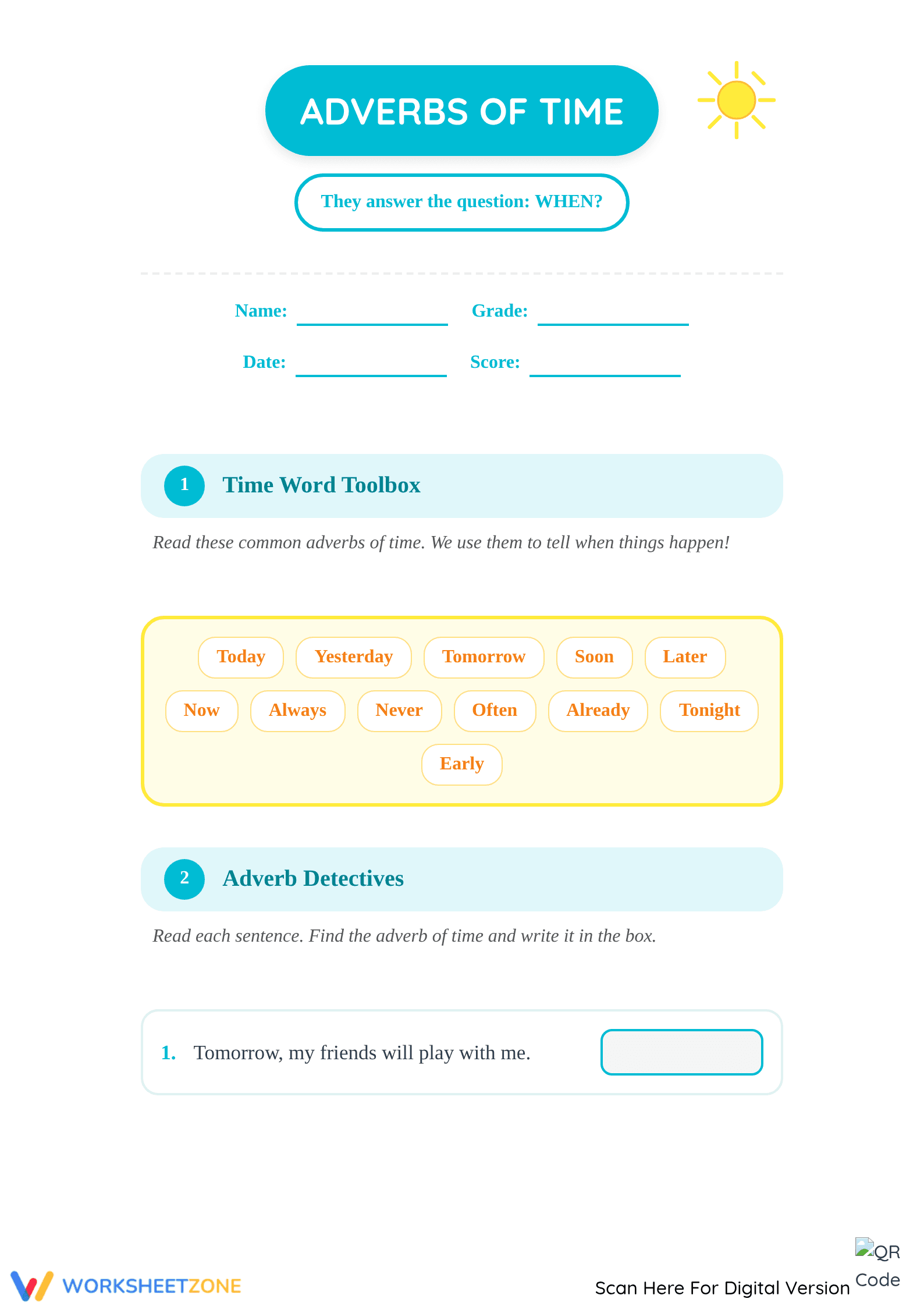 Adverbs of Time Worksheet - Identify 'When' in Sentences! - Page 1