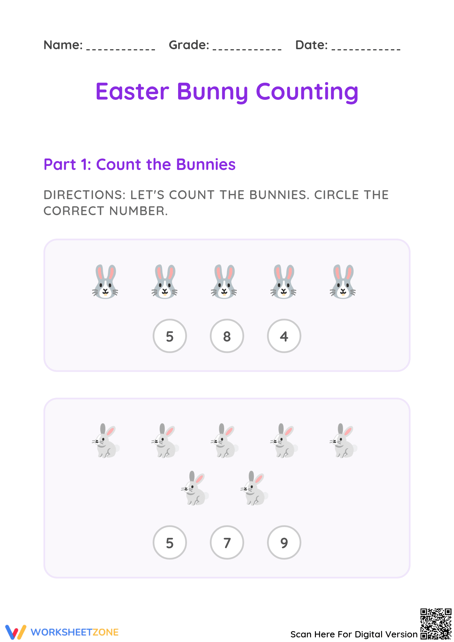 Easter Bunny Counting Worksheet - Spring Math Fun for Kids - Page 1