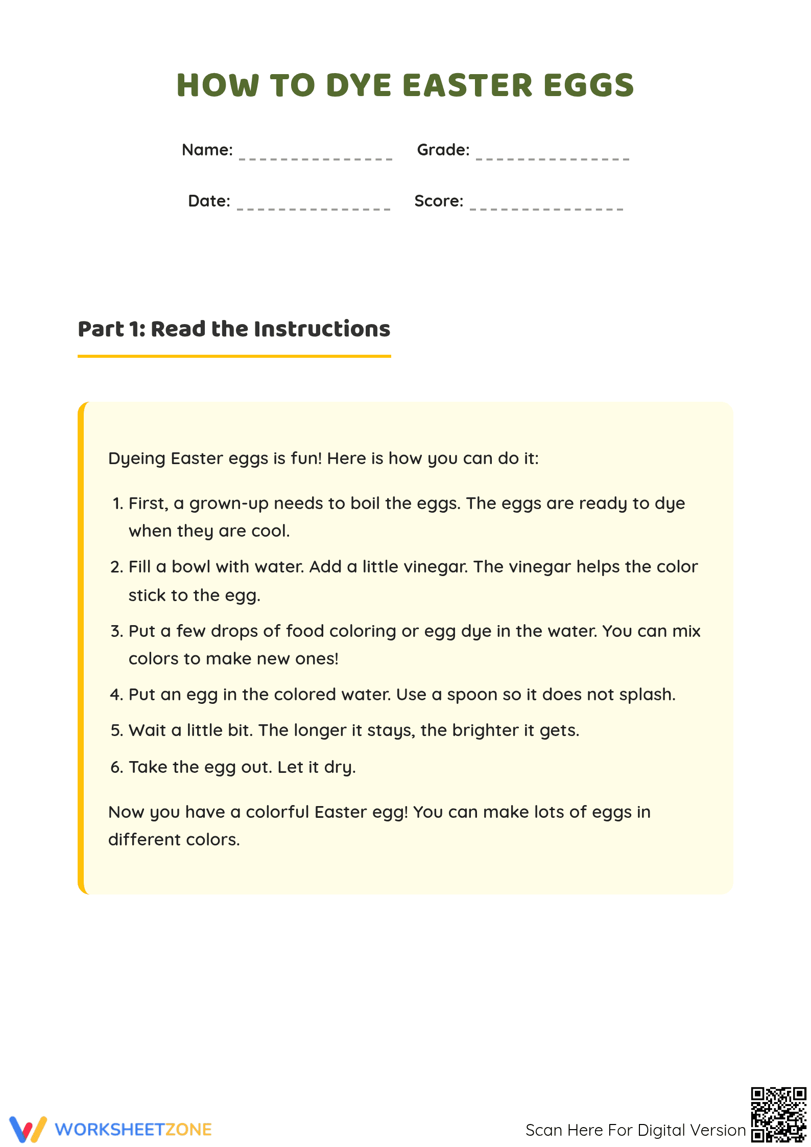 How to Dye Easter Eggs - Reading Comprehension - Page 1