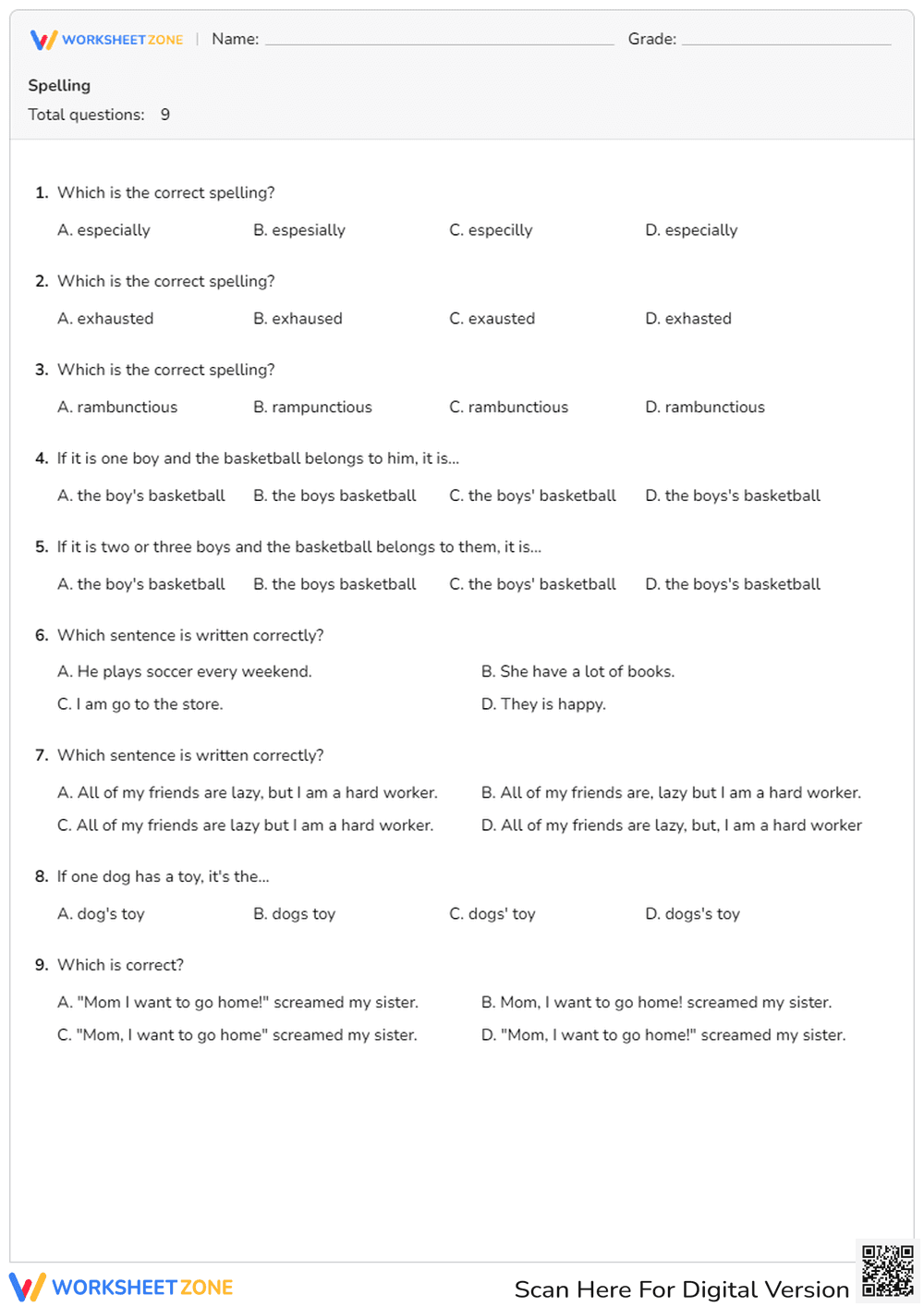 Spelling and Grammar Quiz: Correct Word Usage - Page 1