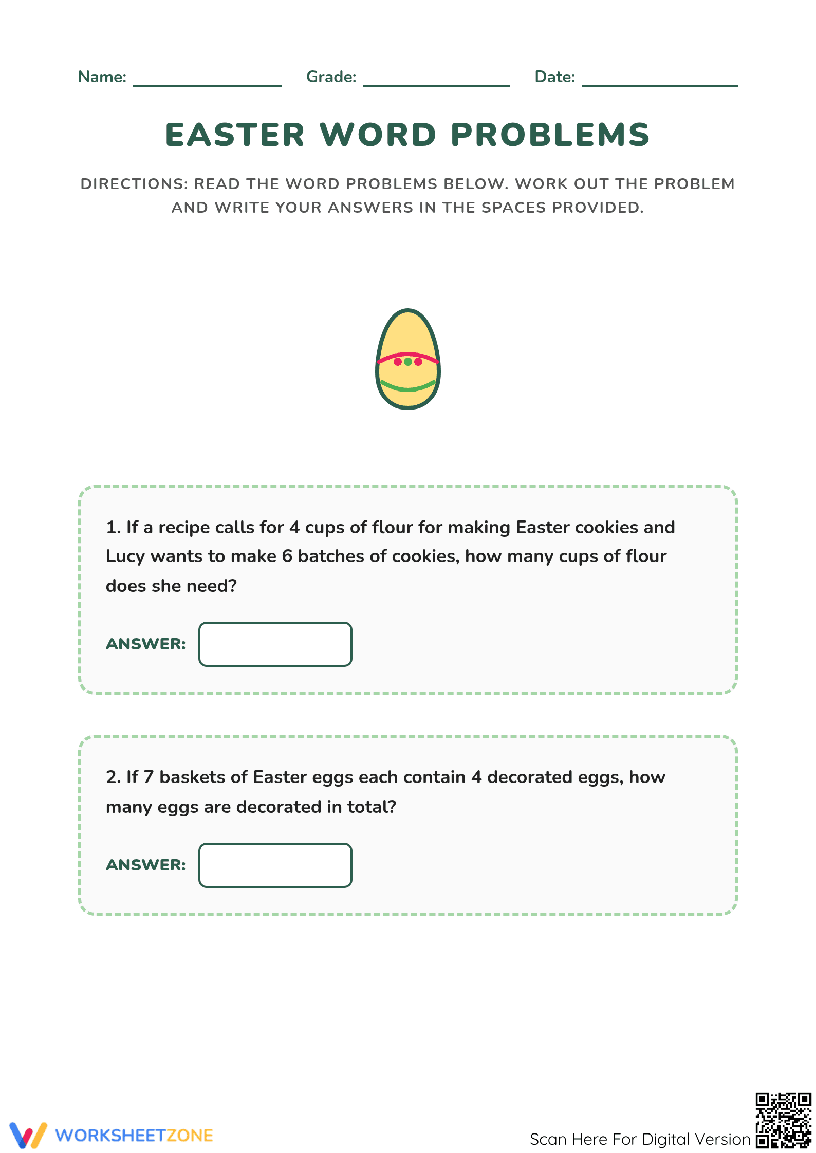 Printable Easter Multiplication Word Problems Grade 3 - Page 1