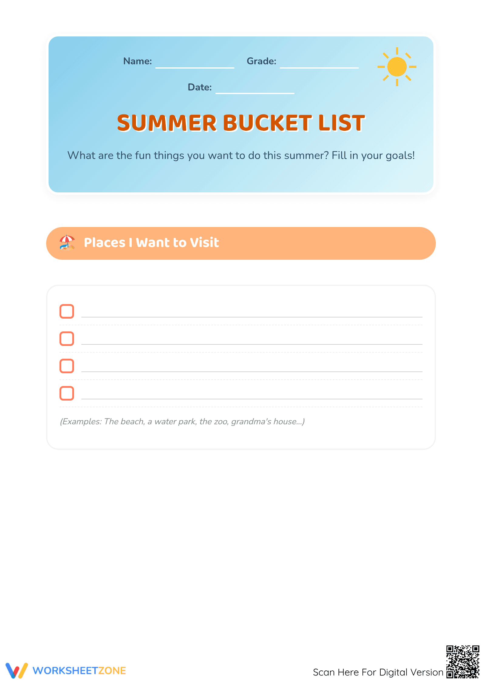 Summer Bucket List Template | Grade 2-3 Essential - Page 1