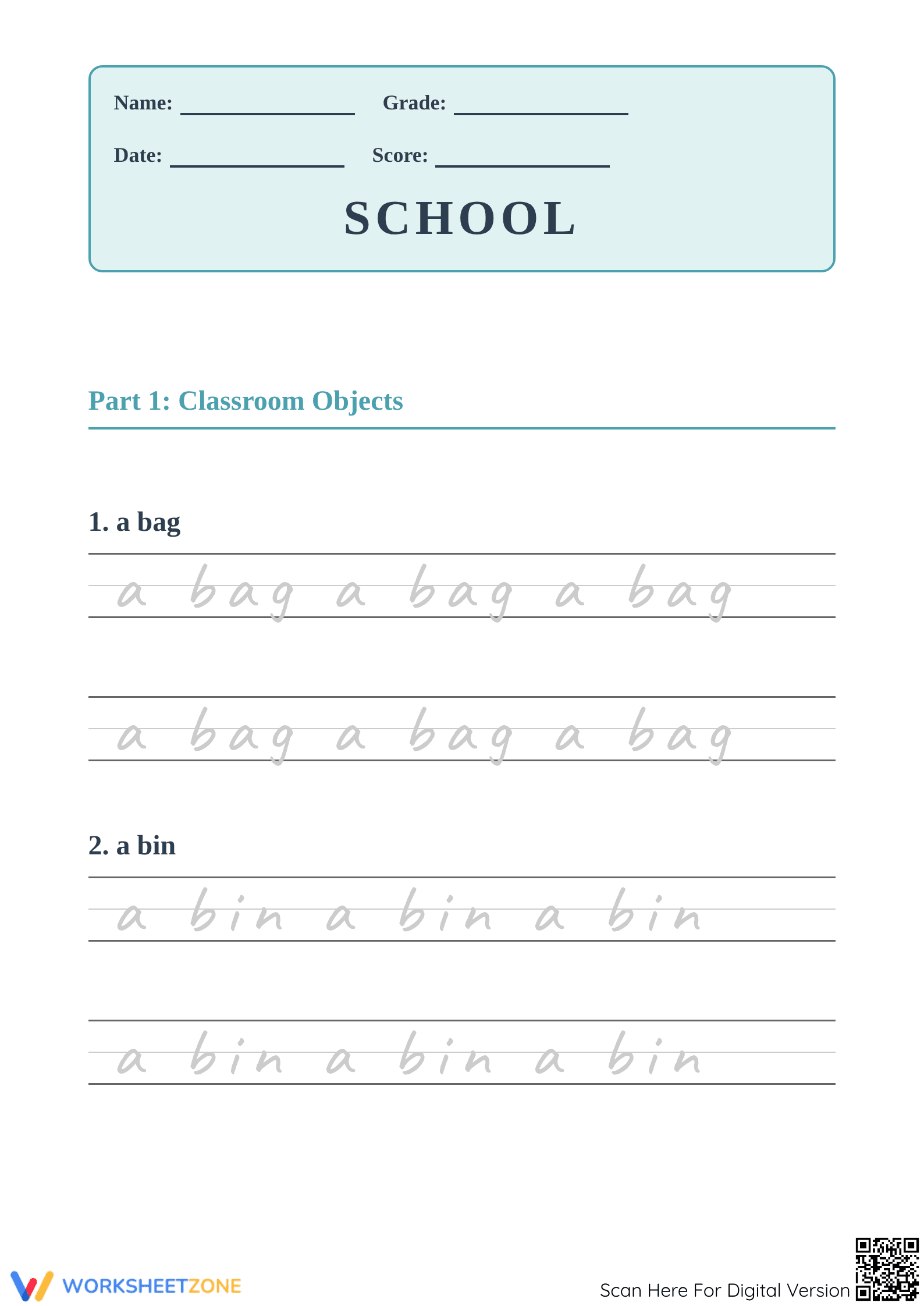 School Cursive Handwriting Practice - Trace & Learn School Vocabulary - Page 1
