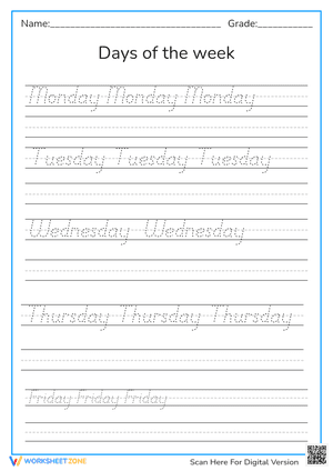 Days of the Week Cursive Worksheet | Grade 2 Printable