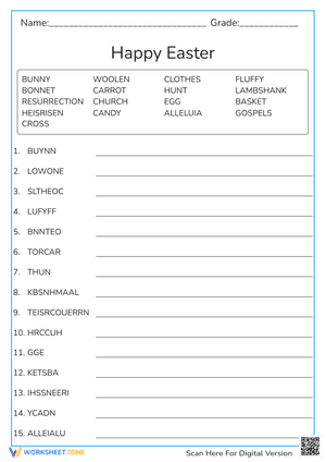 Easter Word Scramble Worksheet | Grade 3 Printable