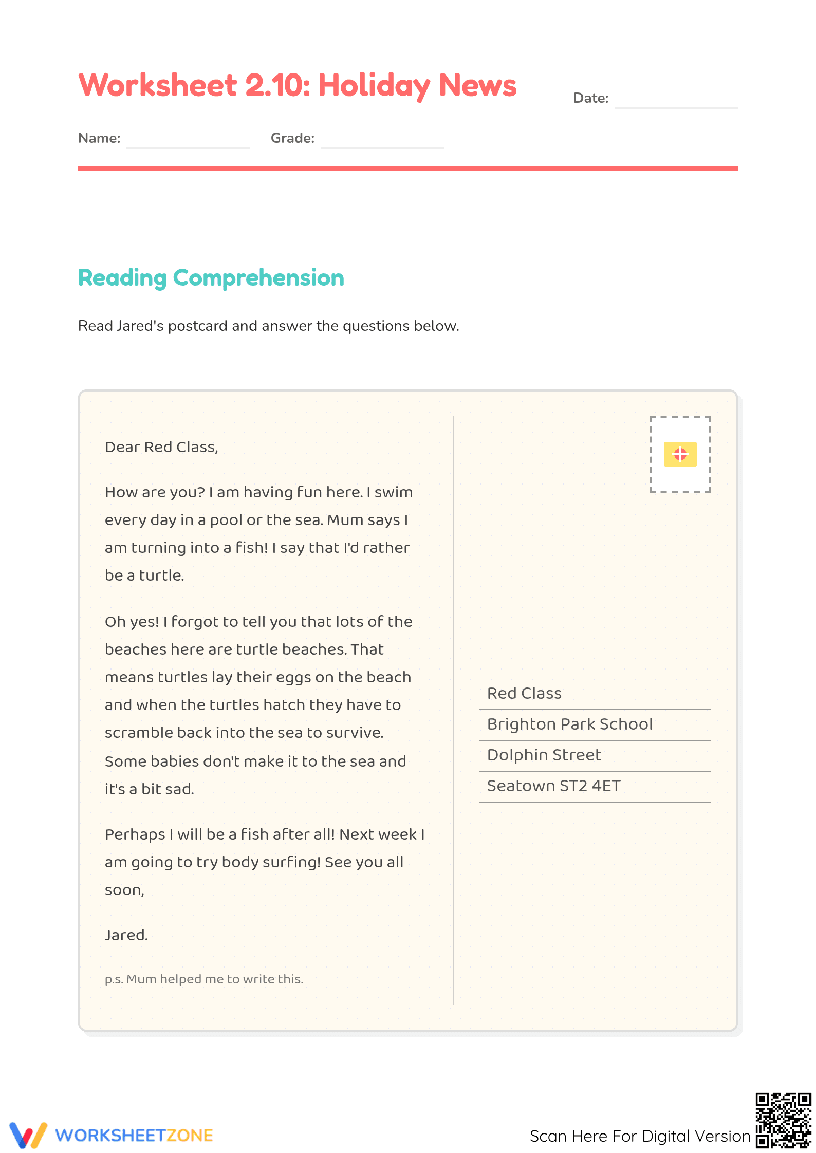 Grade 1 Postcard Reading — Printable No-Prep Worksheet - Page 1