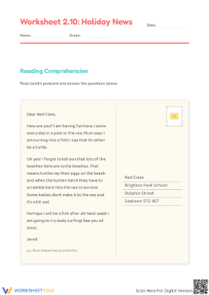 Grade 1 Postcard Reading — Printable No-Prep Worksheet