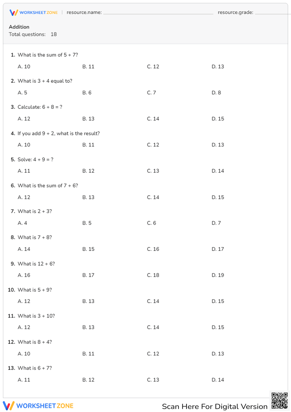 Math Quiz – Addition Questions for Kids - Page 1