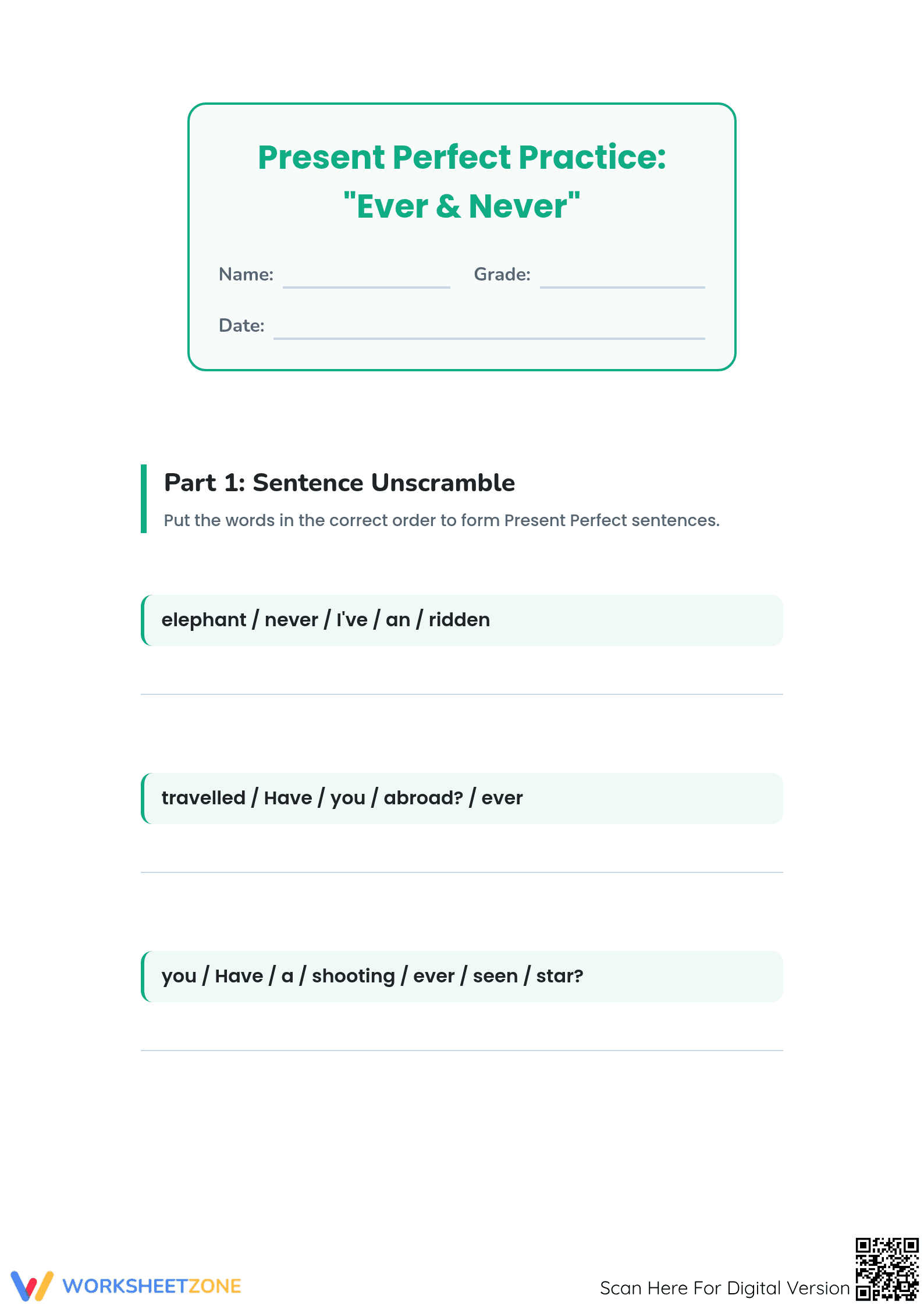 Unscramble Sentences: Grammar Practice - Grades 3-5 Experiences Theme - Page 1