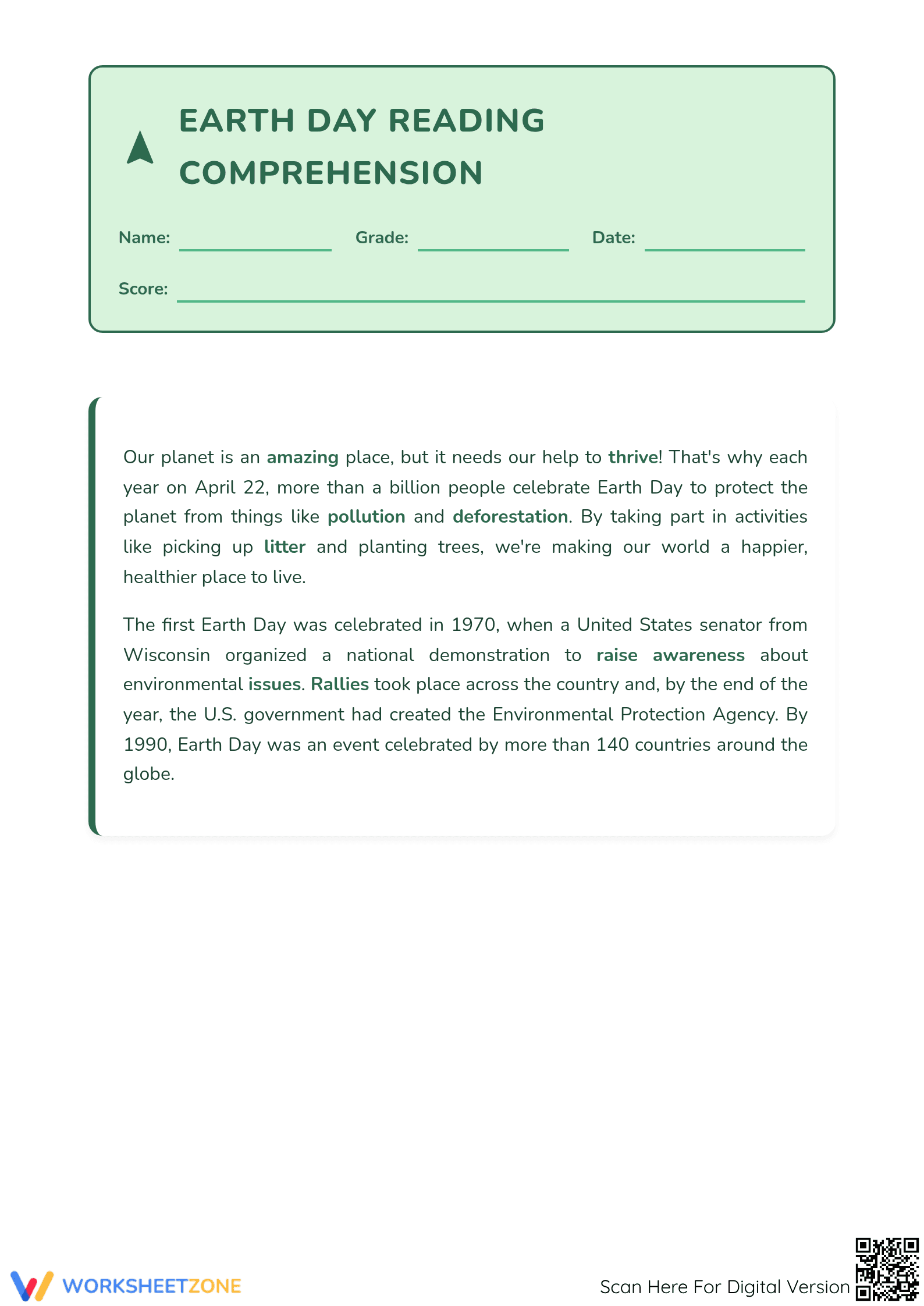 Earth Day Reading Comprehension | Essential Grade 4-5 Guide - Page 1