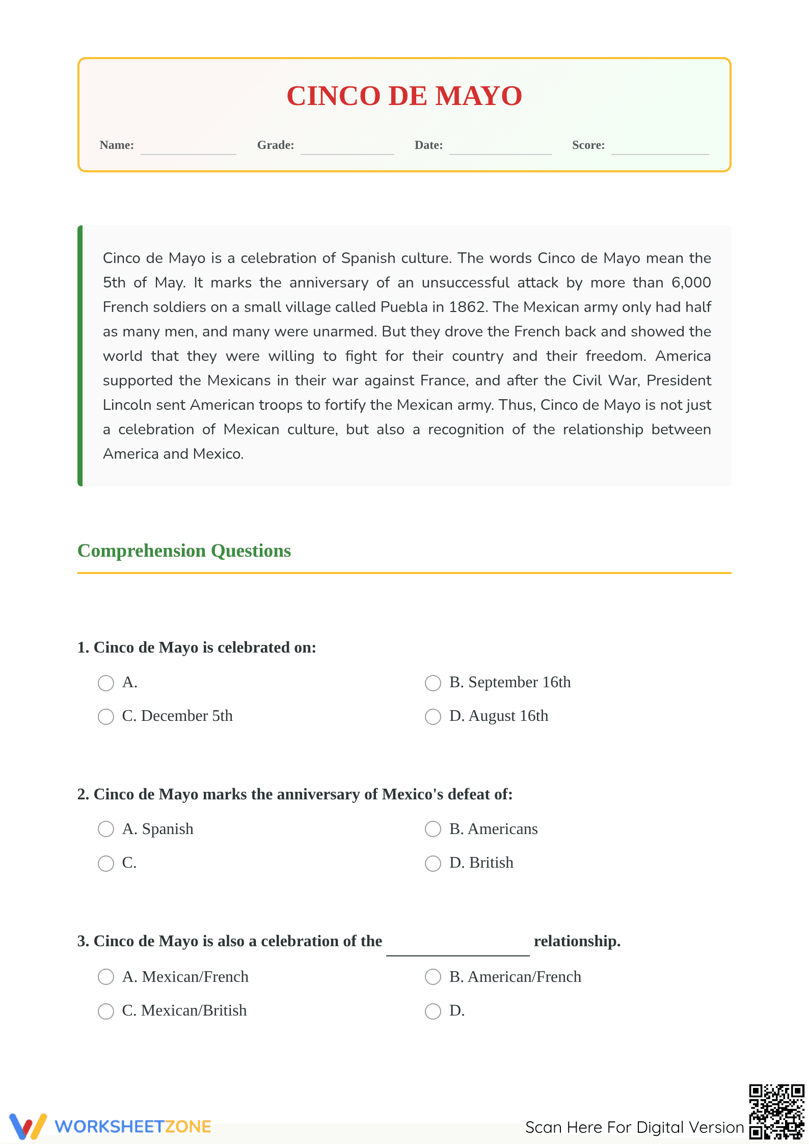 Grade 3 Cinco de Mayo — Printable No-Prep Worksheet - Page 1
