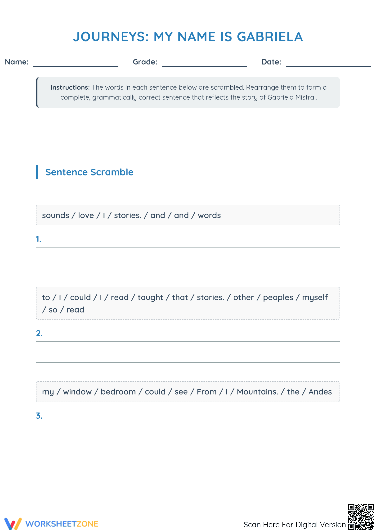 Gabriela's Journey: Sentence Scramble Worksheet - Grade 1-3 ELA - Page 1