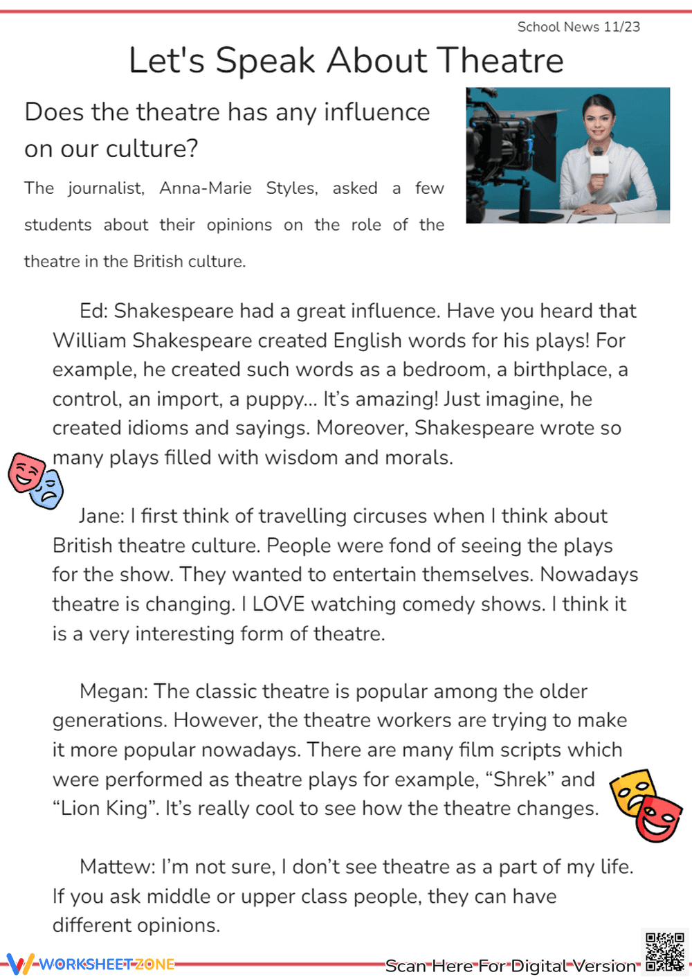 Theatre Reading Worksheet | Grade 7 Printable - Page 1