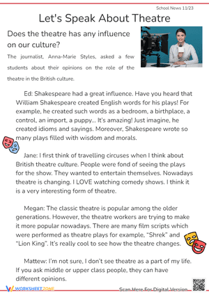 Theatre Reading Worksheet | Grade 7 Printable