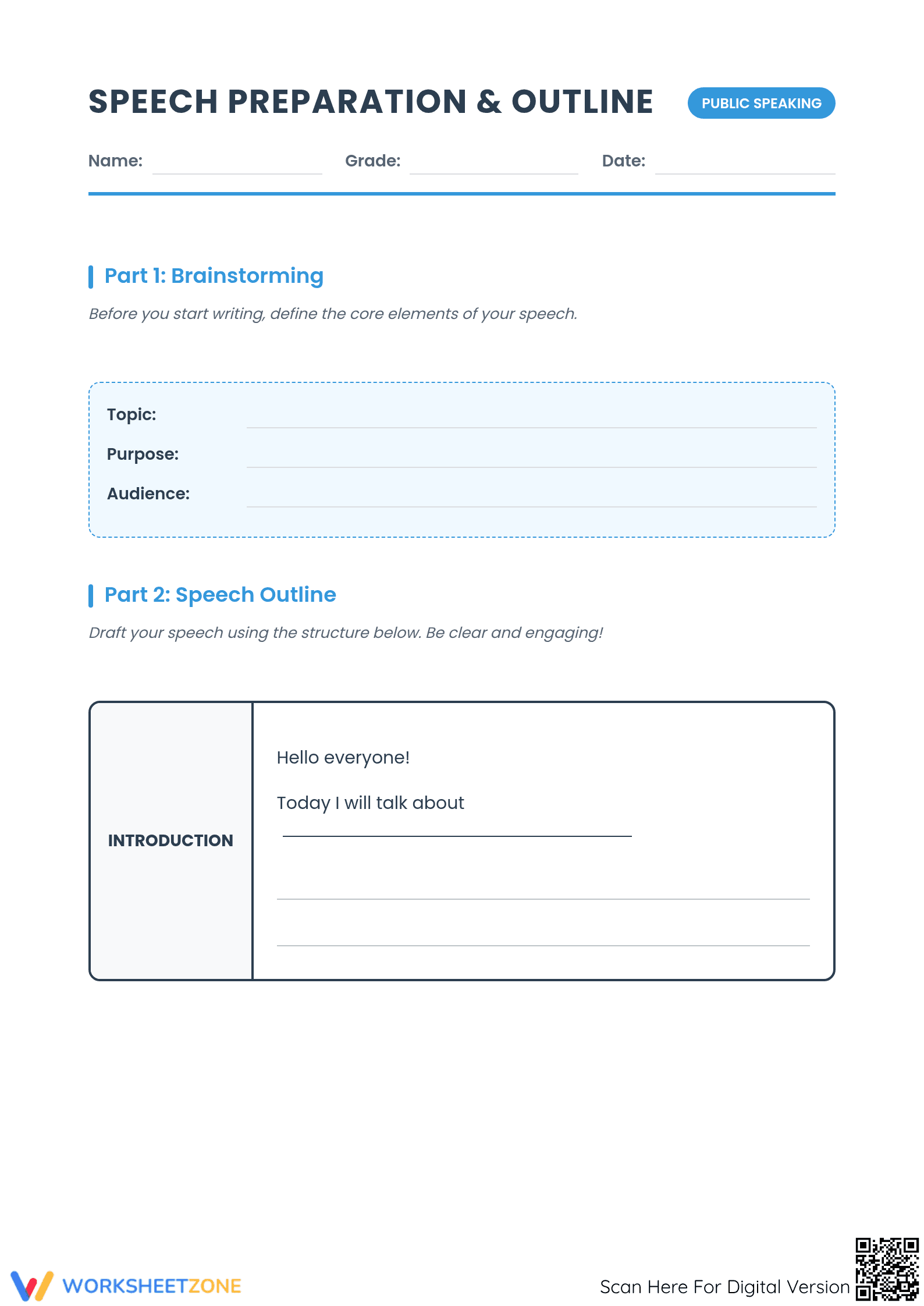 Printable Speech Outline Worksheet | Grade 7 ELA - Page 1