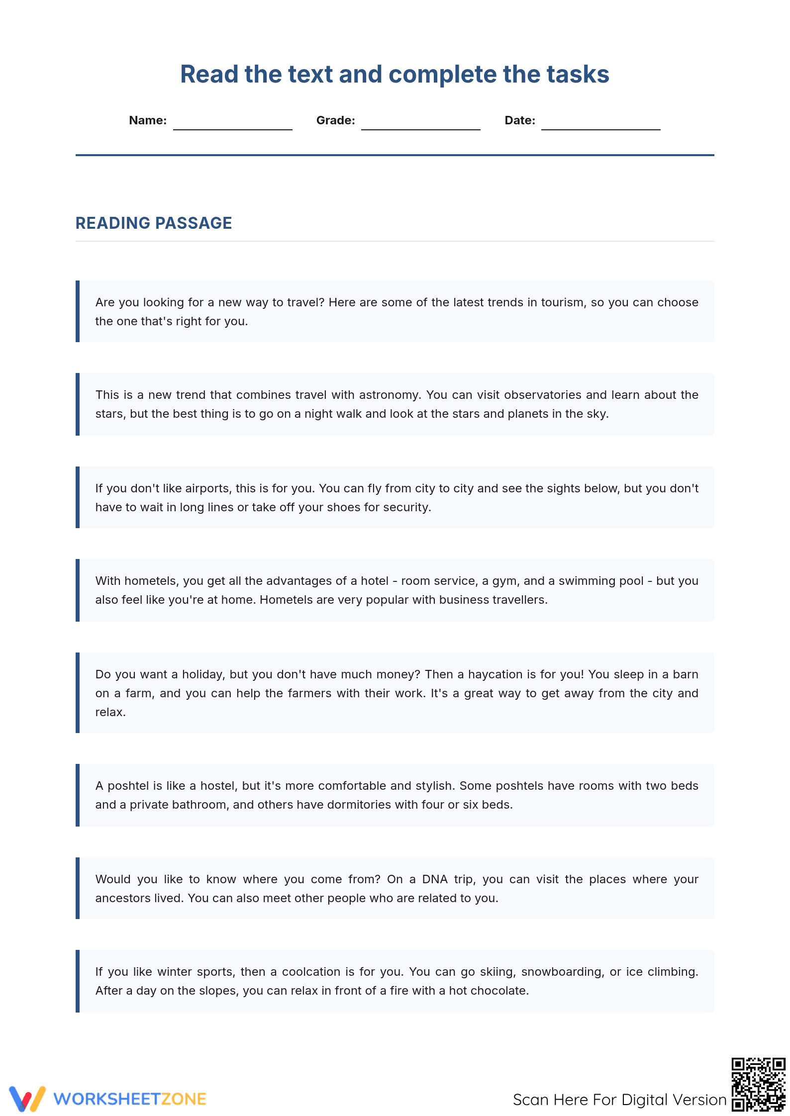 Grade 12 Travel Trends — Printable No-Prep Worksheet - Page 1