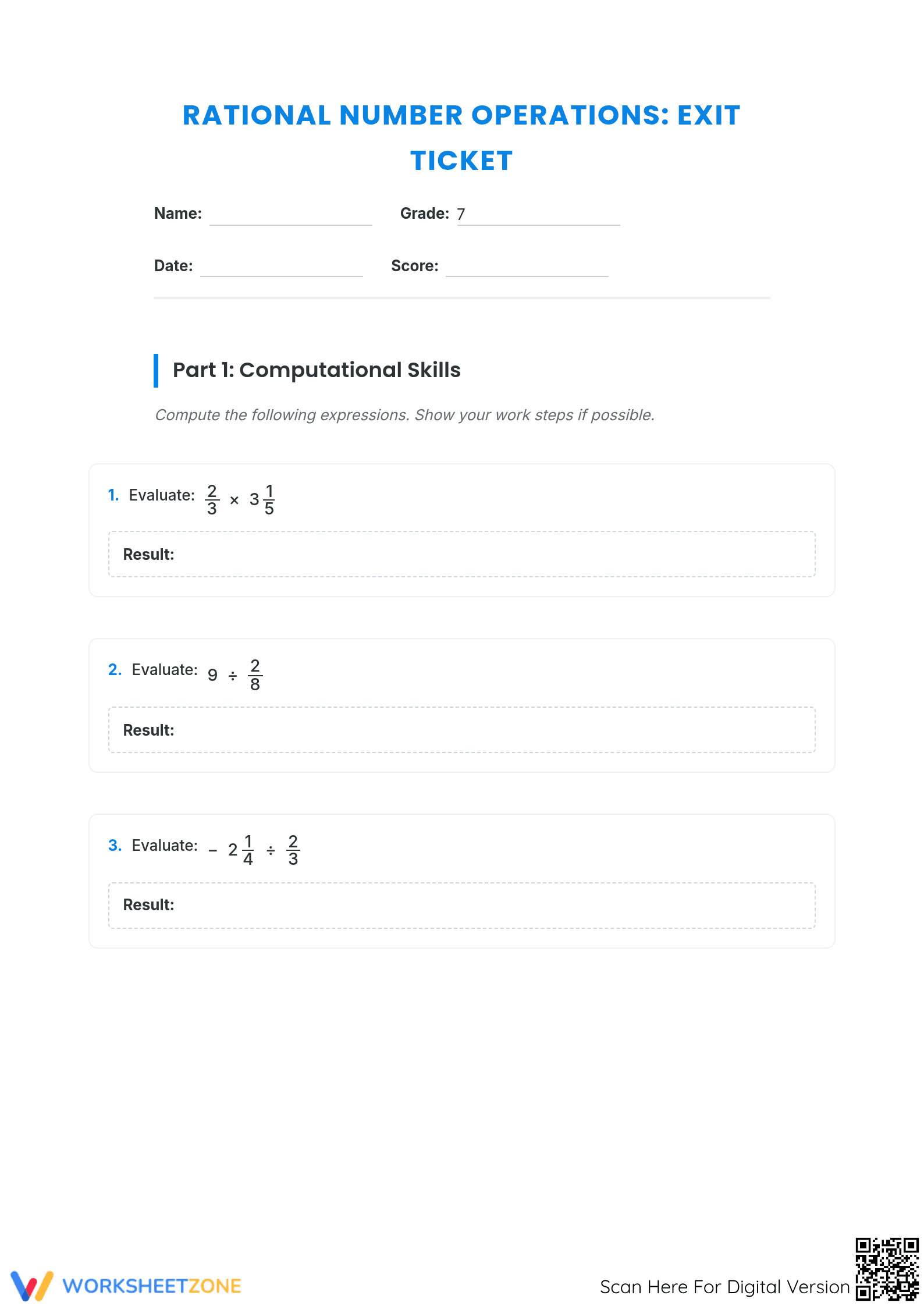 Printable Rational Number Operations Worksheet | Grade 7 - Page 1