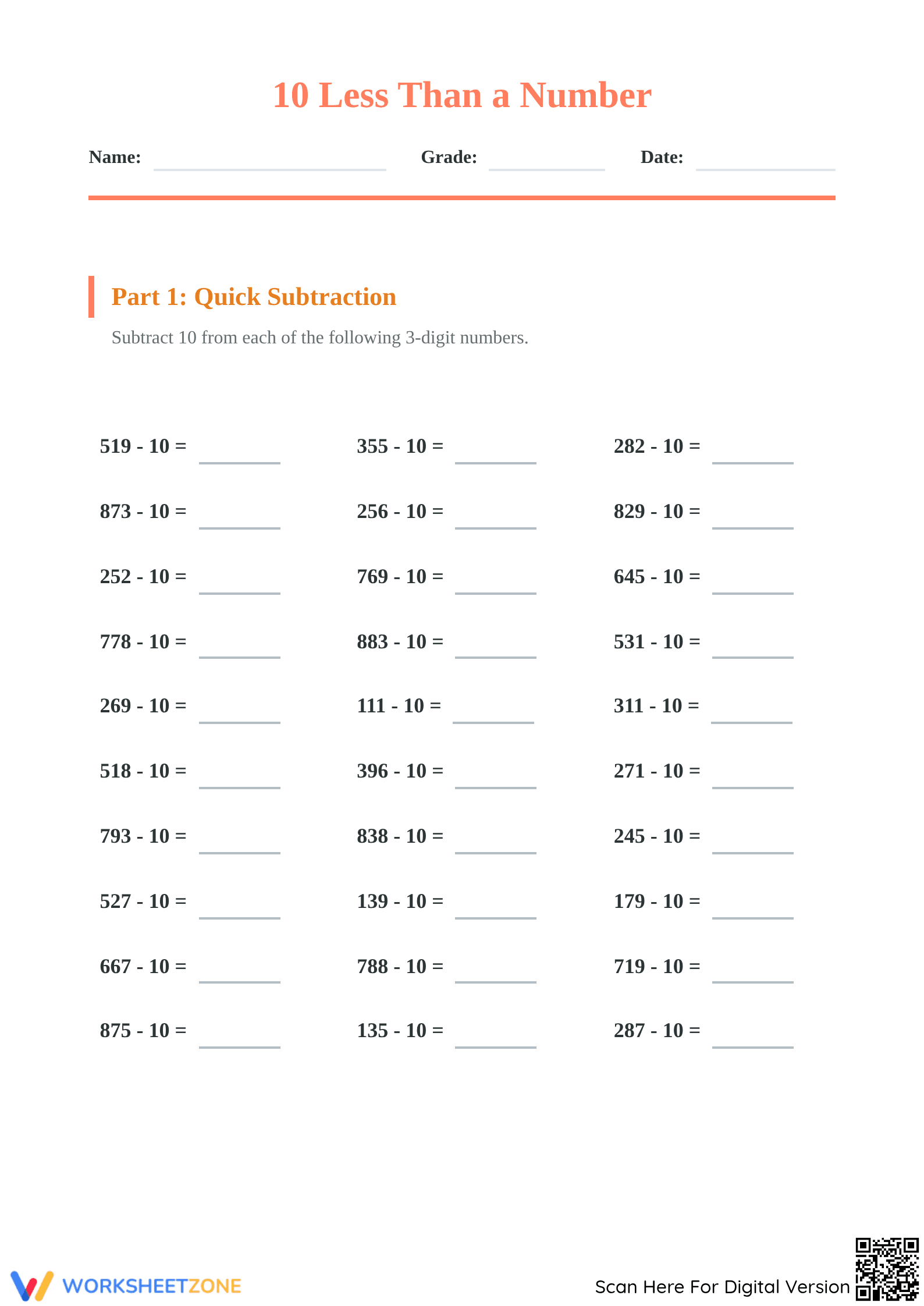 10 More 10 Less Worksheet | Grade 2 Math Printable - Page 1