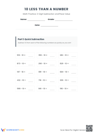 10 More 10 Less Worksheet | Grade 2 Math Printable