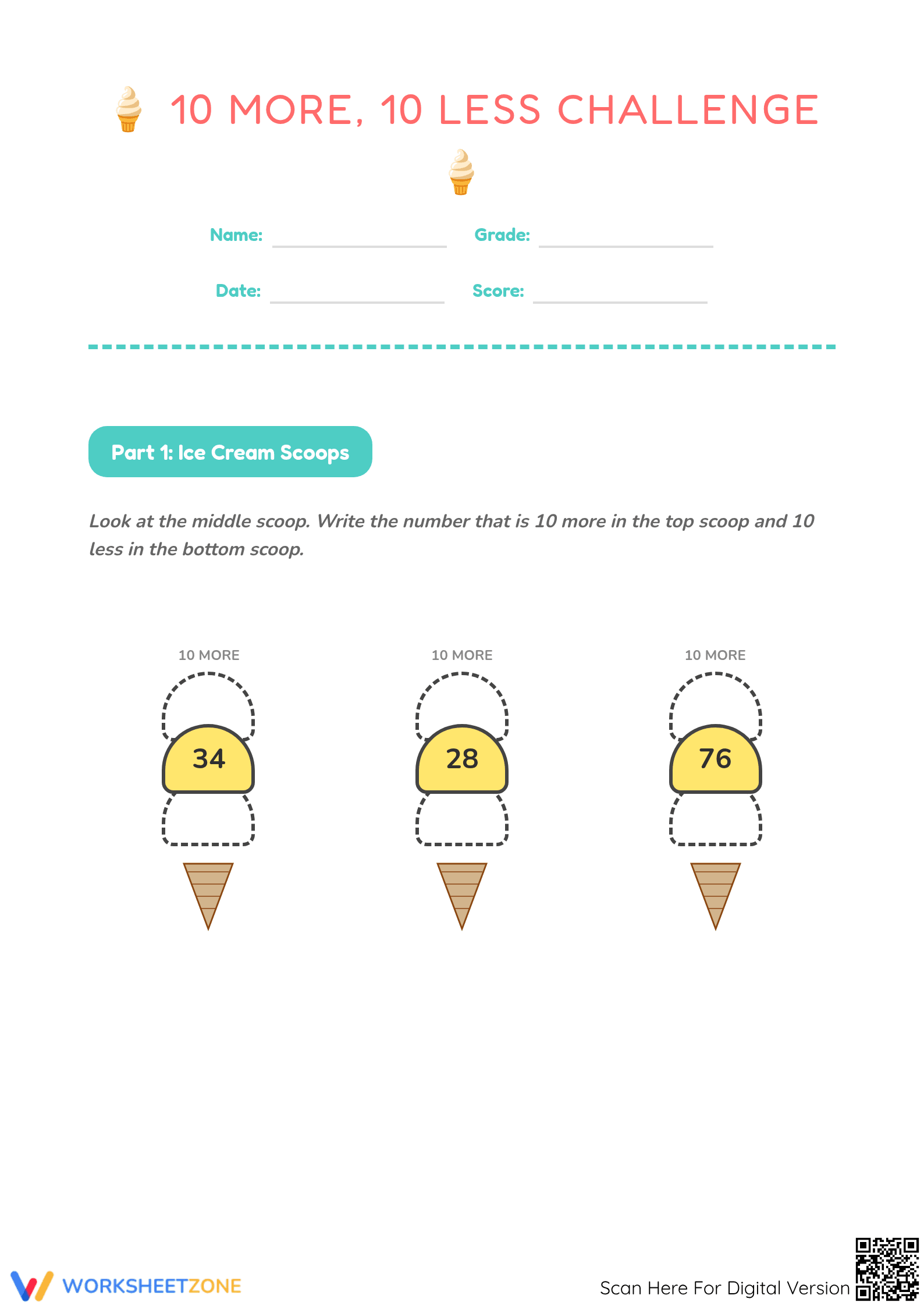 Ice Cream Math: 10 More, 10 Less - Addition & Subtraction Fun - Page 1