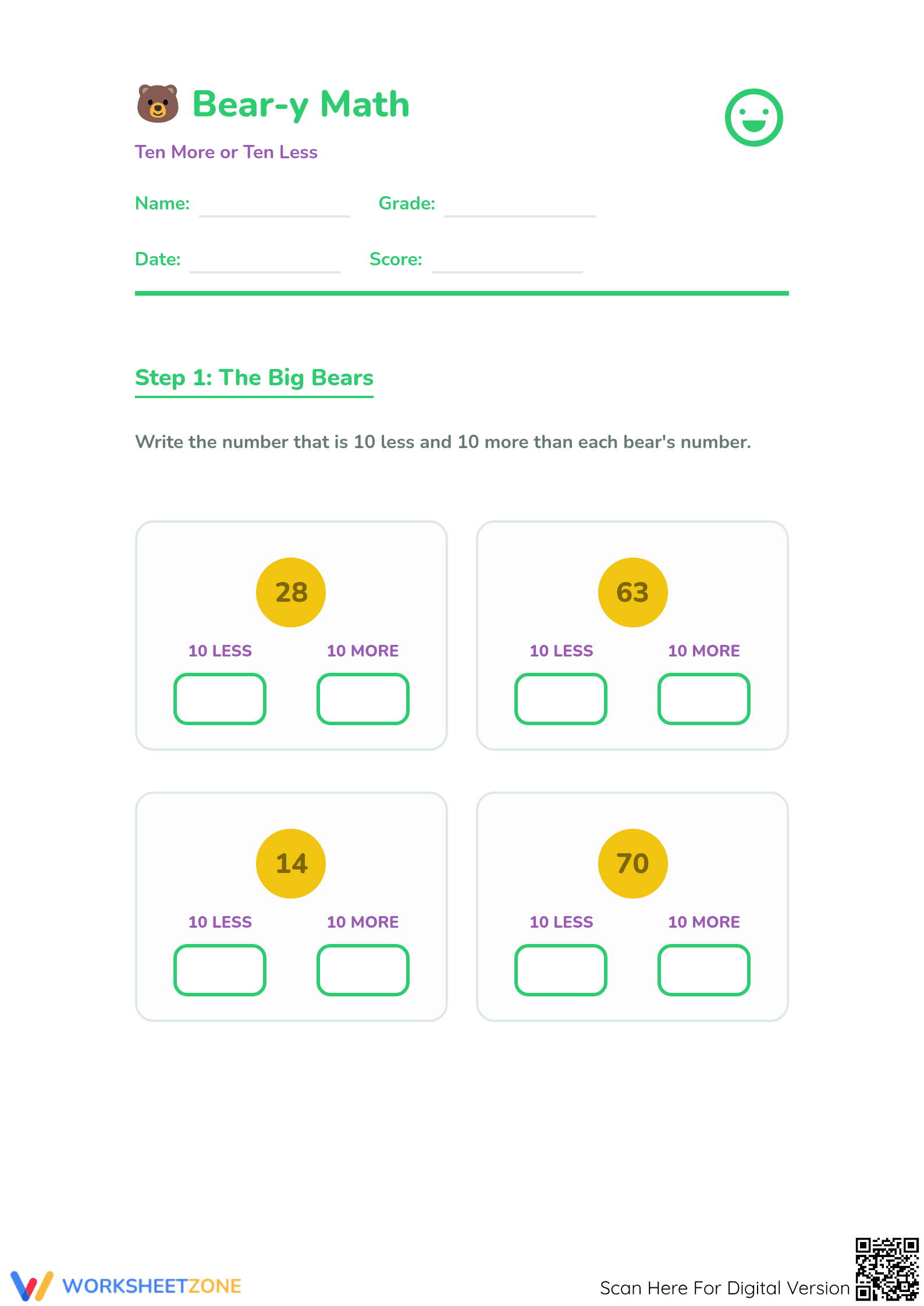10 More 10 Less Worksheet | Grade 2 Math Printable - Page 1