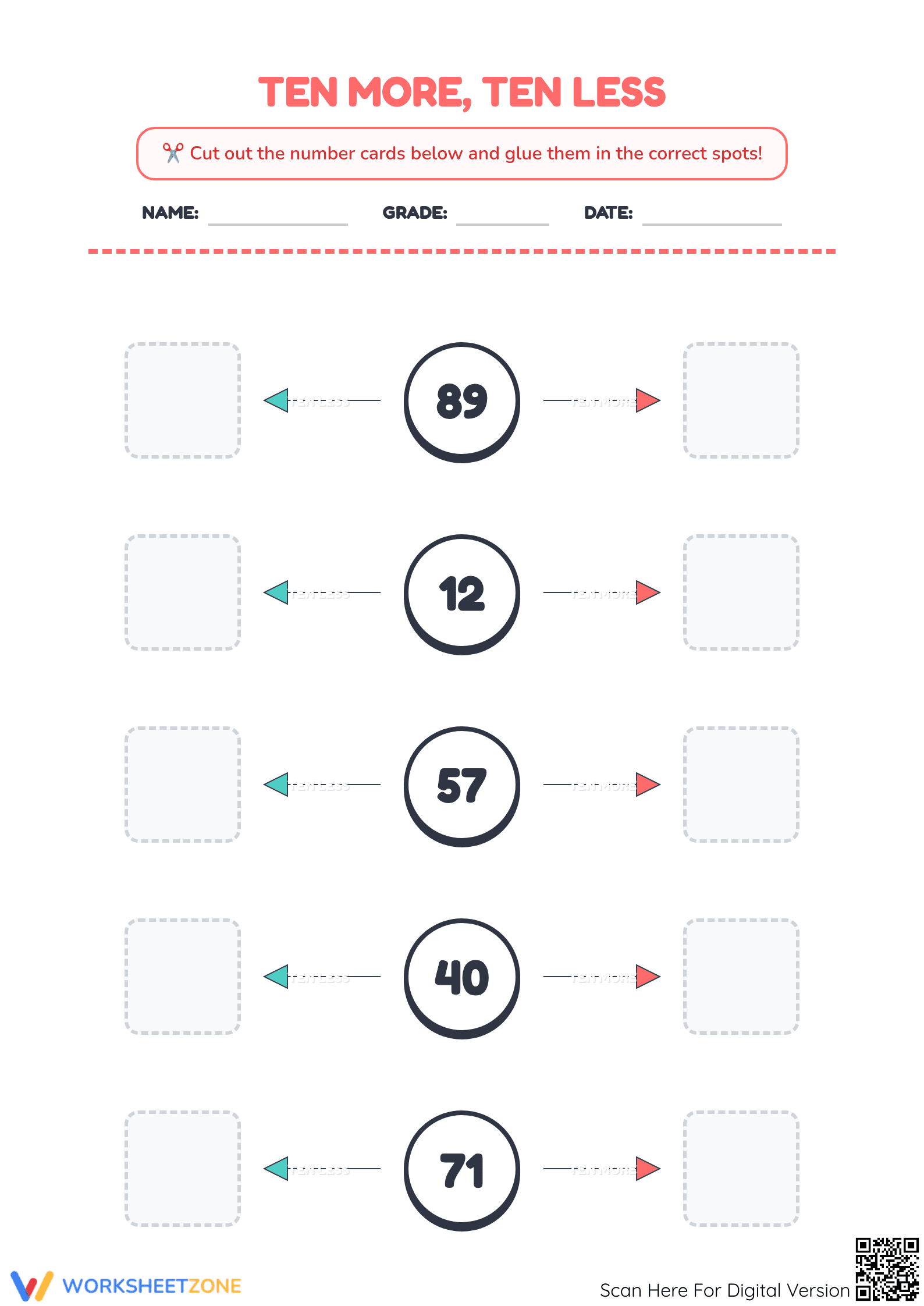 10 More 10 Less Worksheet | Grade 2 Math Printable - Page 1