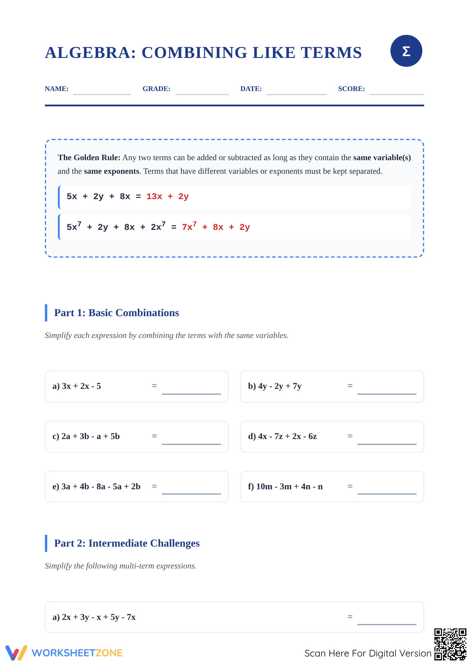 Combining Like Terms Worksheet | Essential Grade 7 Math - Page 1