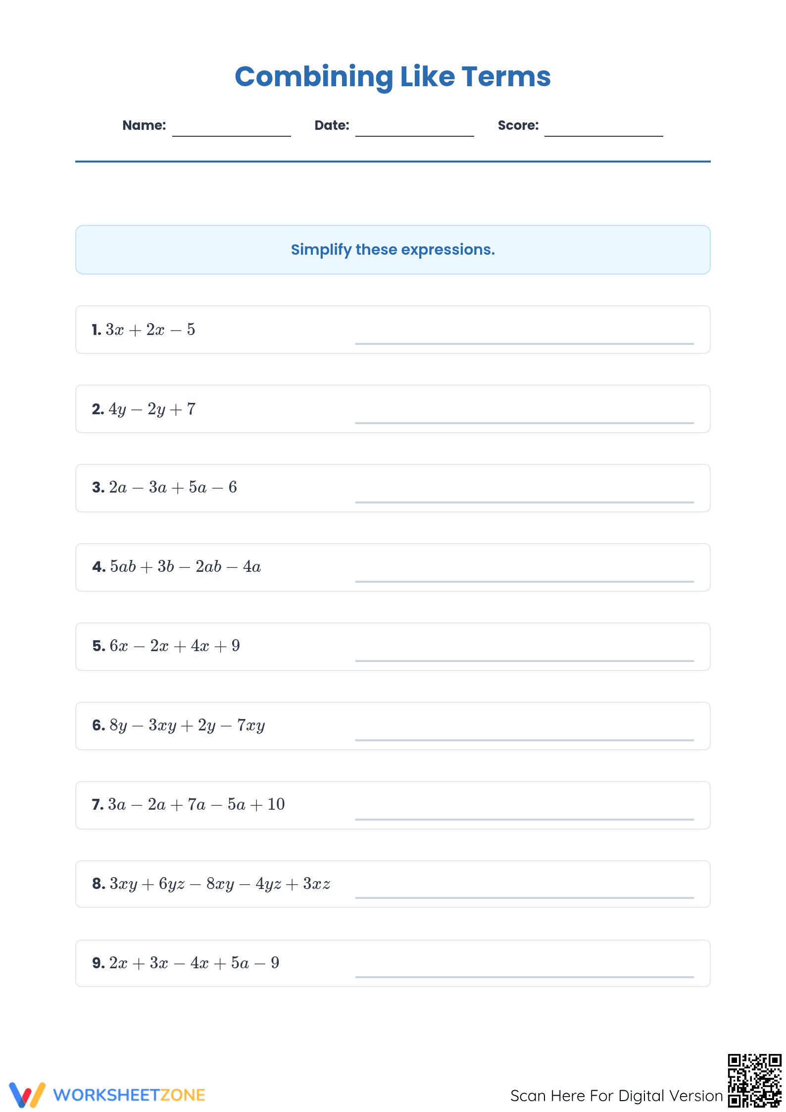 Combining Like Terms Worksheet | Essential Grade 6-7 Math - Page 1