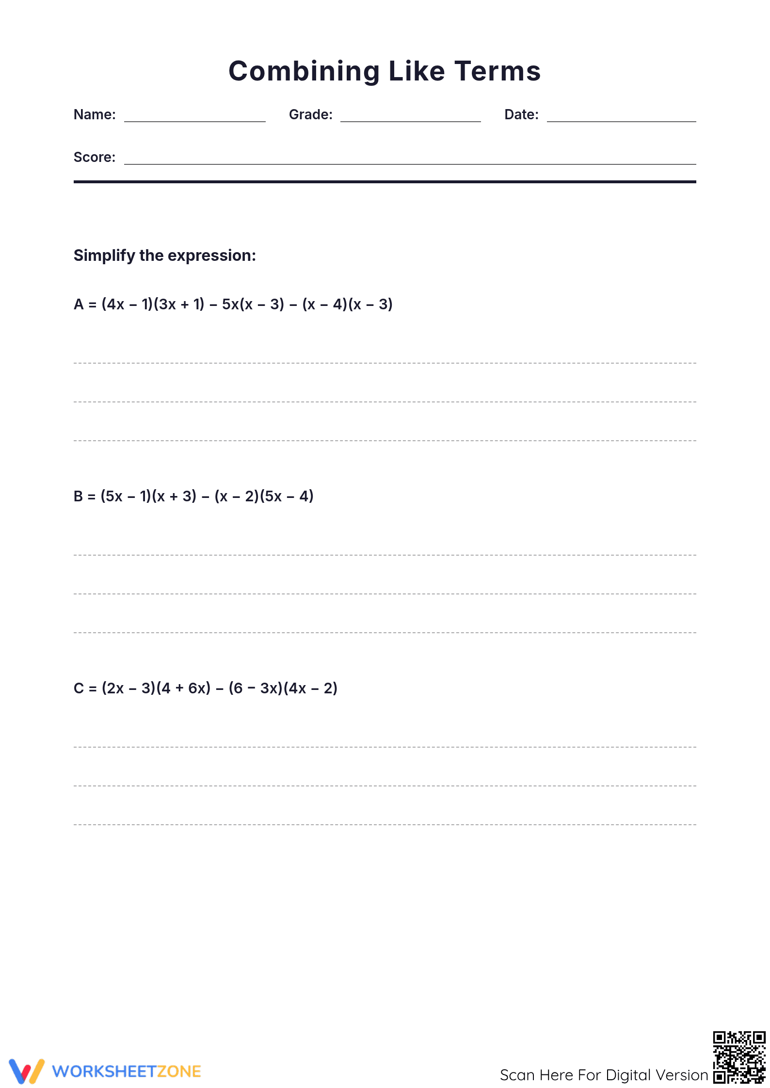 Combining Like Terms Worksheet | Grade 8 Math Printable - Page 1