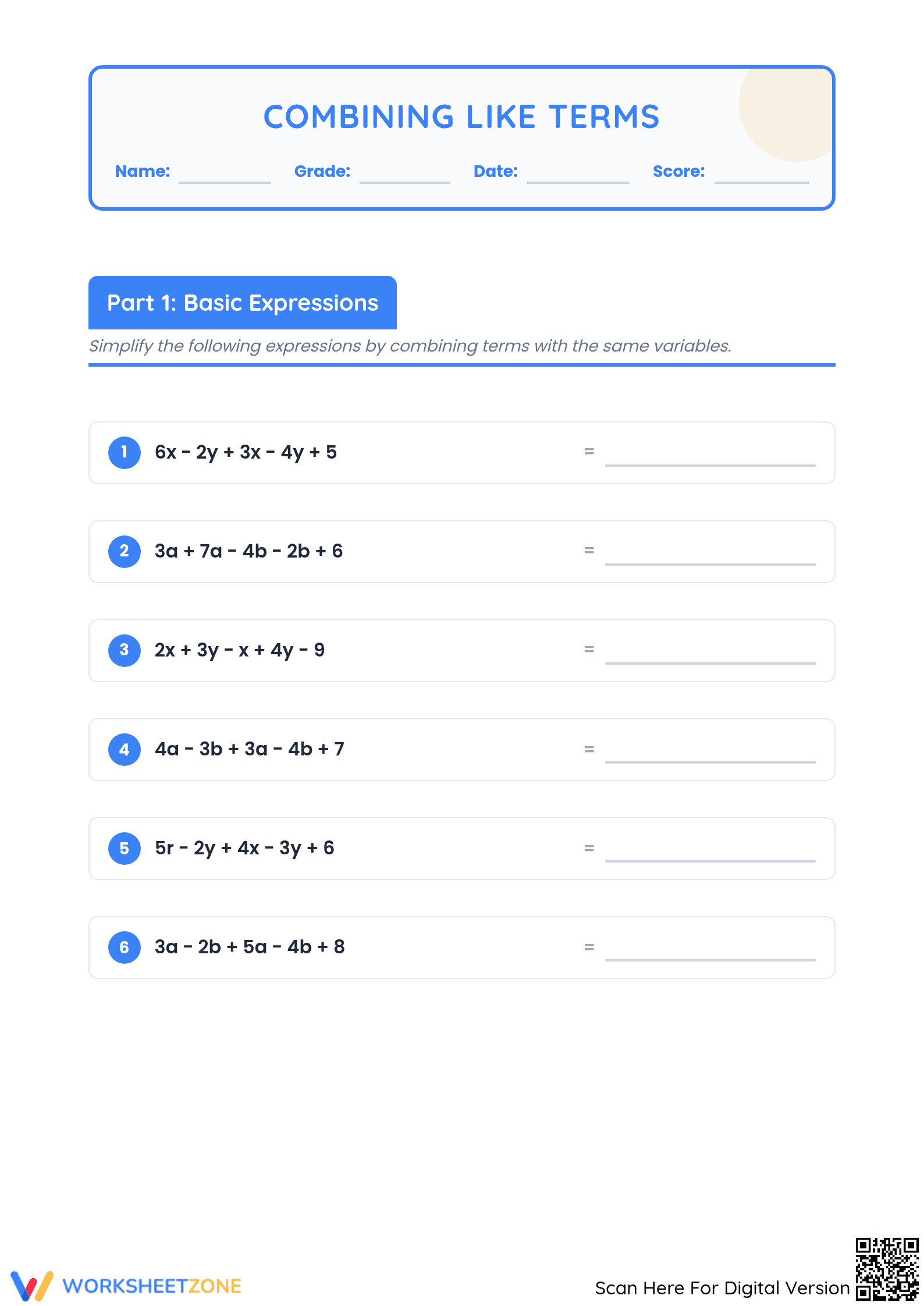 Combining Like Terms Worksheet | Grade 7 Essential - Page 1