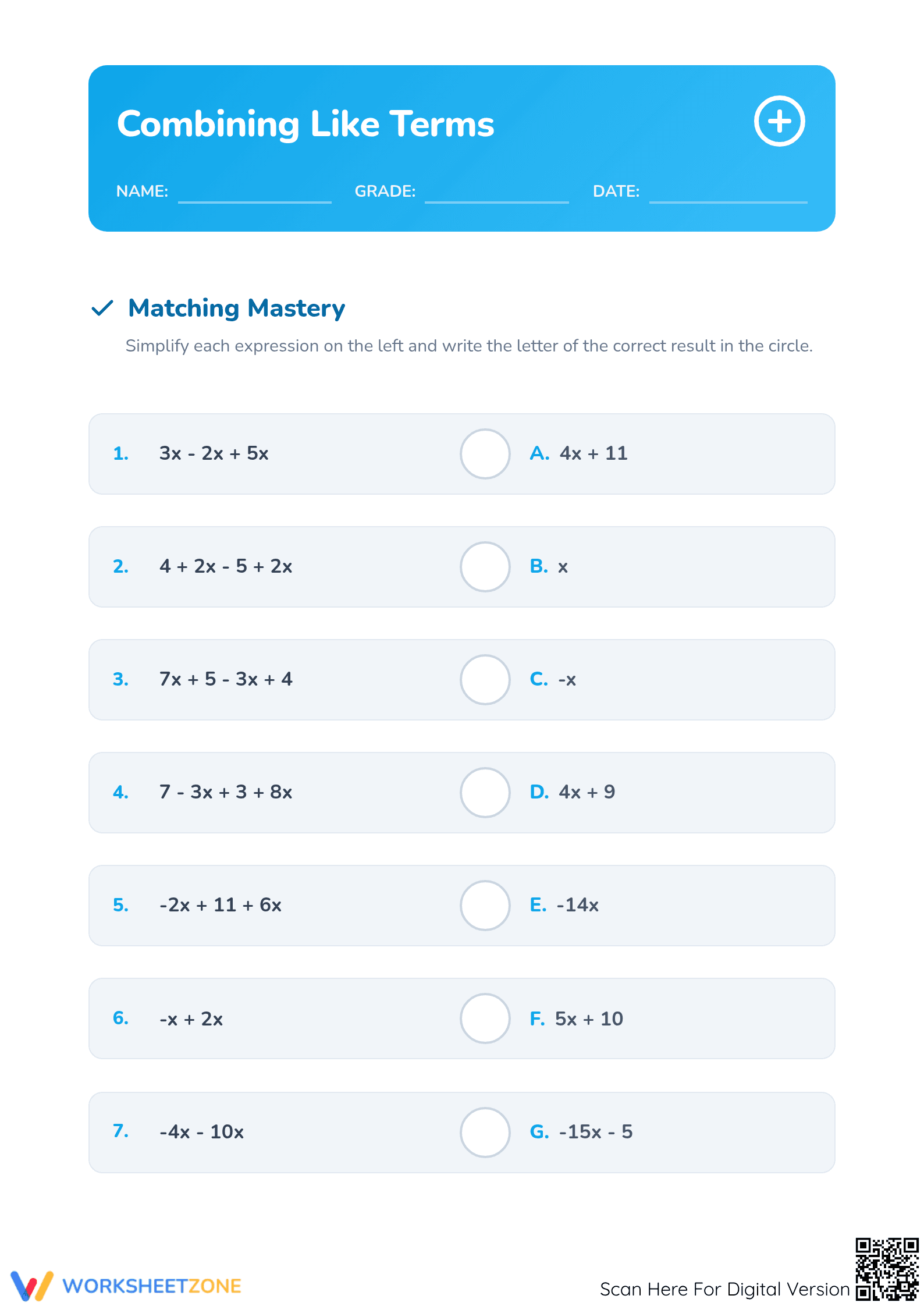 Combining Like Terms Worksheet | Grade 5 Printable - Page 1